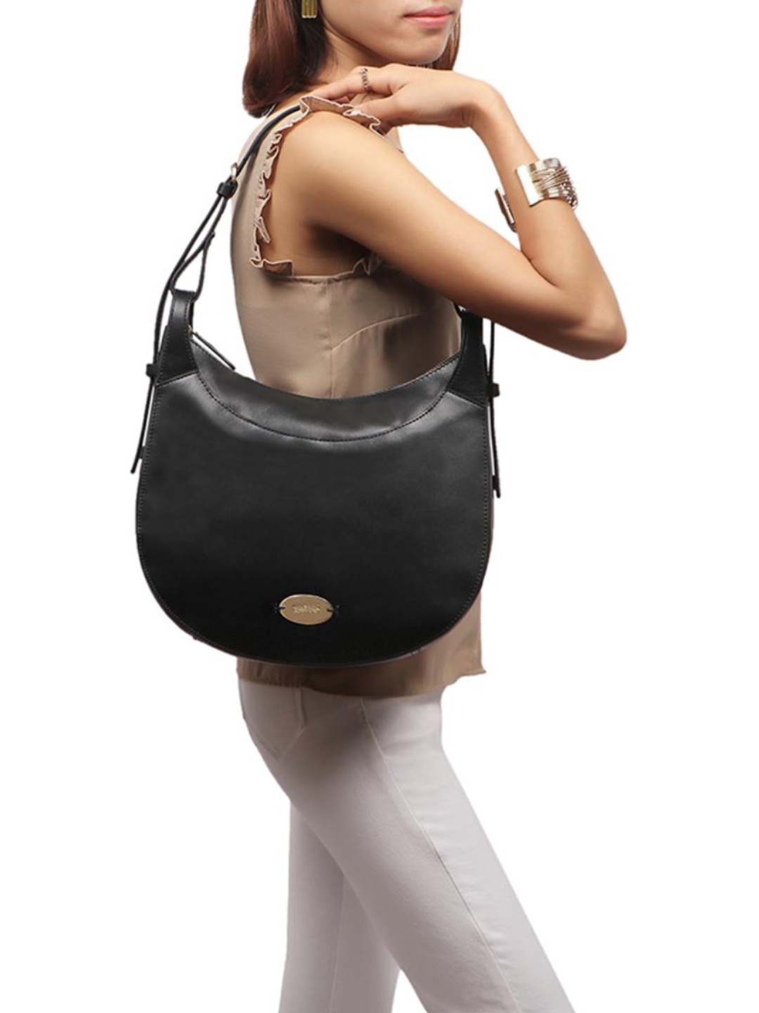 

Hidesign Black Leather Half Moon Handheld Bag with Tassels