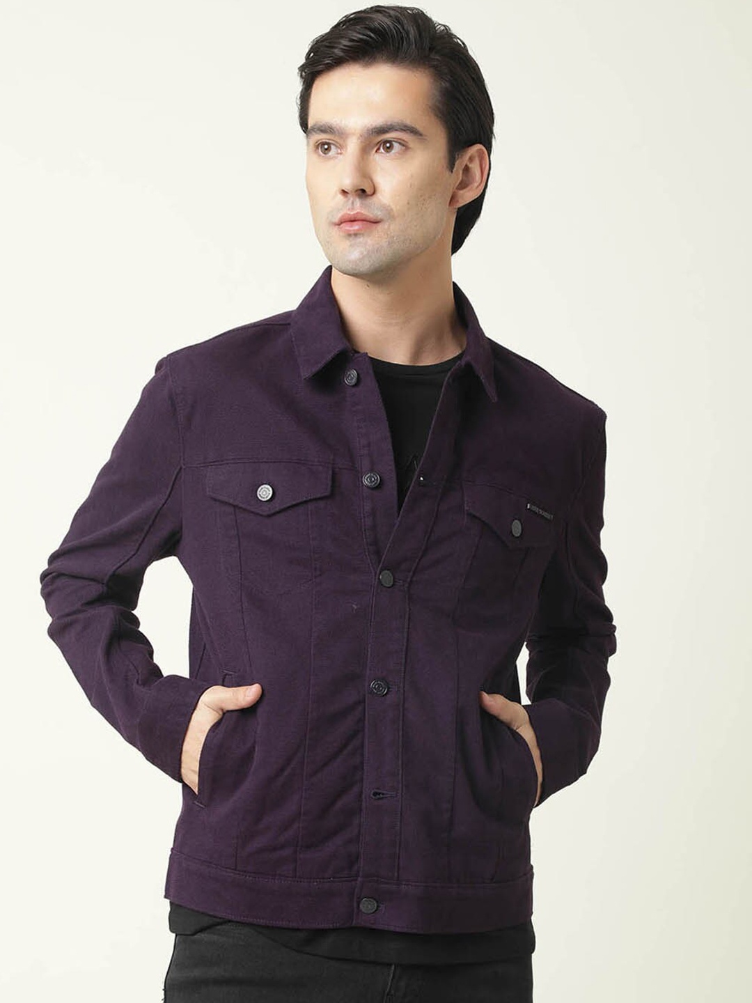 

RARE RABBIT Men Vintage Slim Fit Solid Denim Jacket, Purple