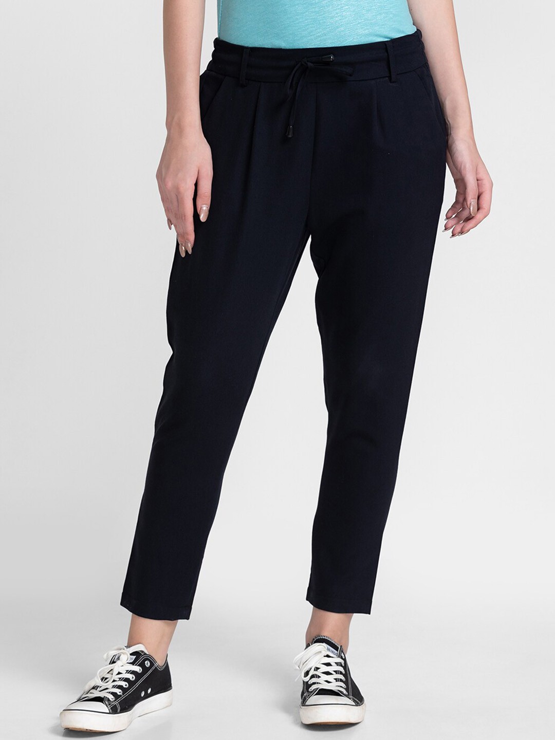 

Globus Women Black Regular Fit Pleated Solid Cotton Trousers