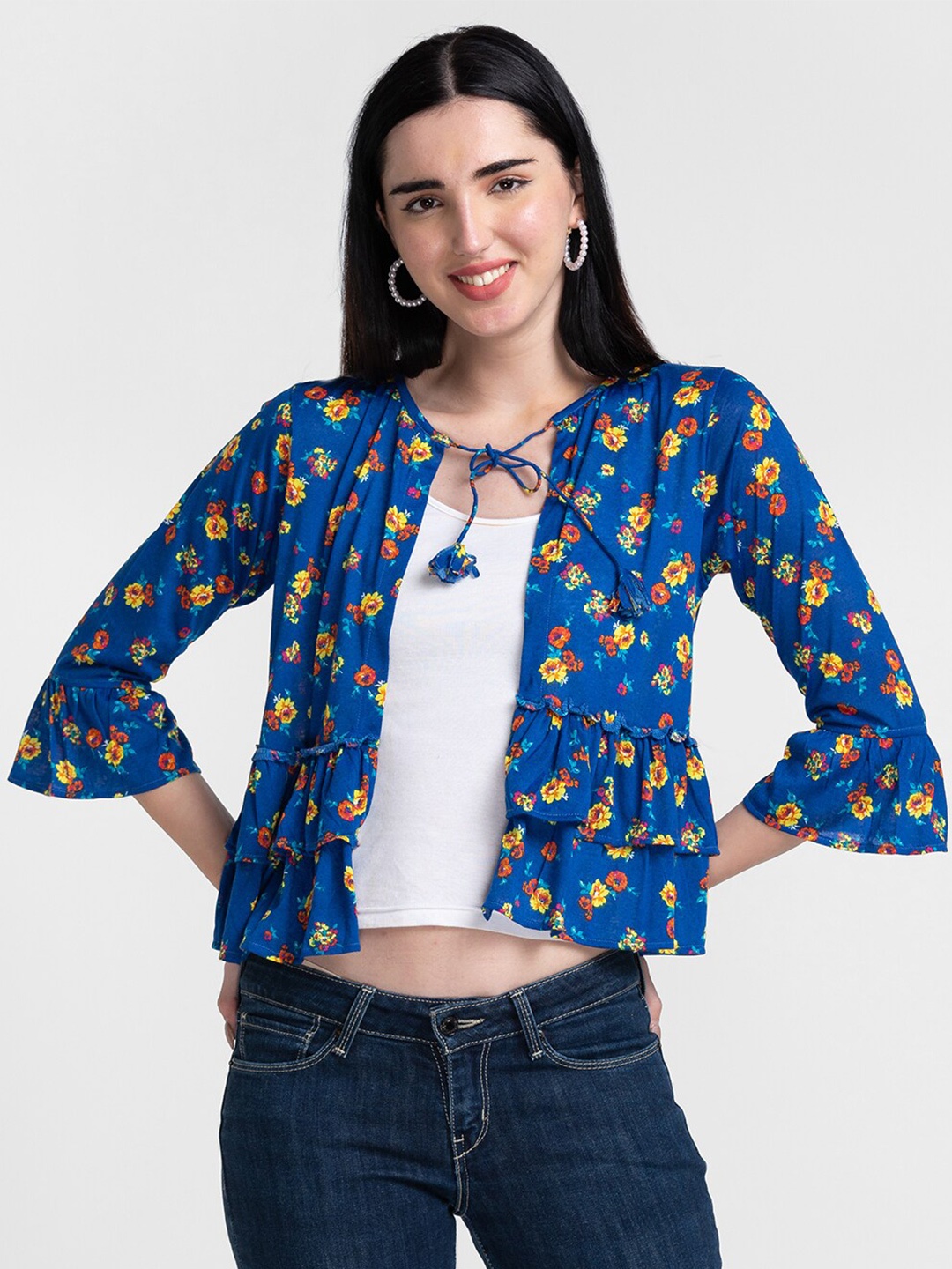 

Globus Women Blue & Black Printed Tie-Up Shrug