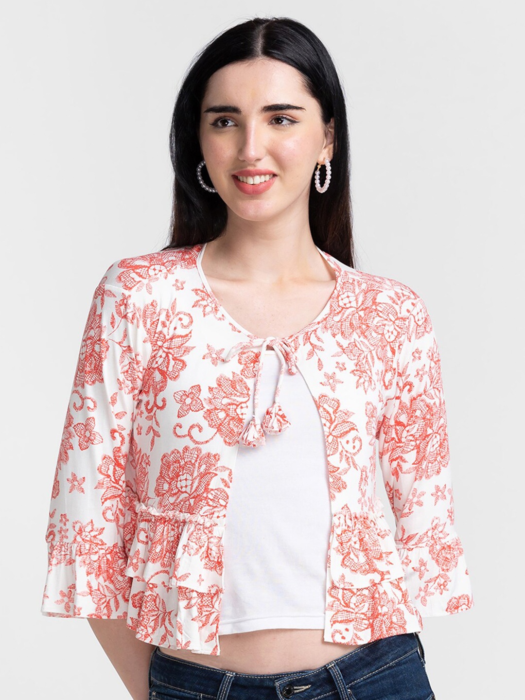 

Globus Women Off White & Pink Printed Tie-Up Shrug