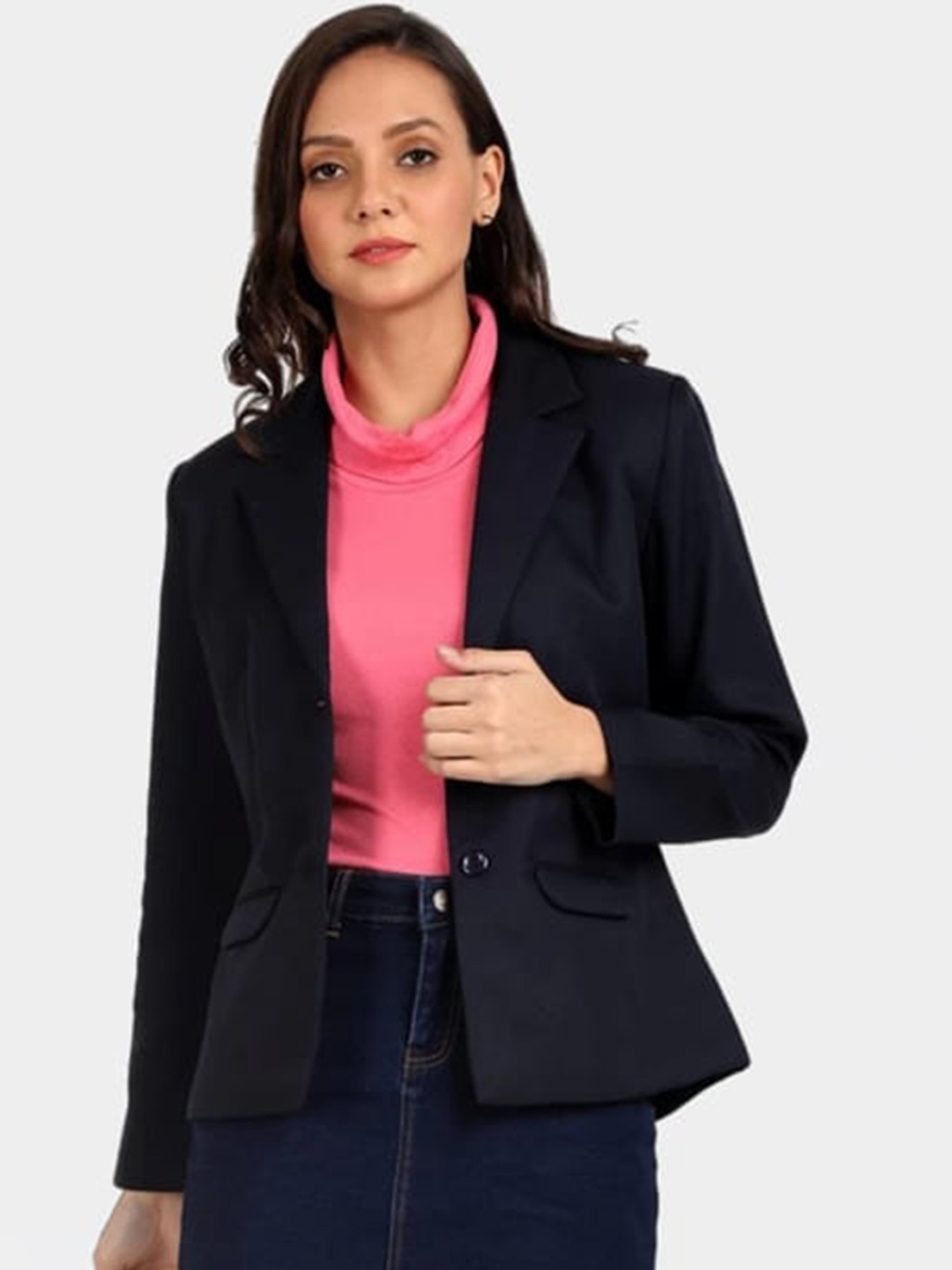 

Next One Women Navy Blue Solid Formal Blazer