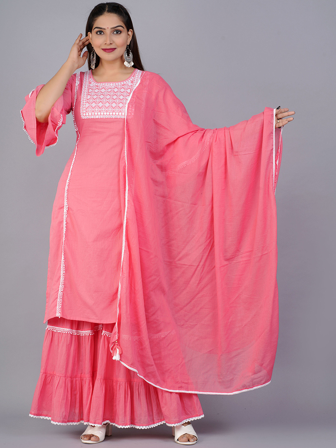 

PREKSHA Women Pink Ethnic Motifs Embroidered Mirror Work Pure Cotton Kurta with Sharara & Dupatta