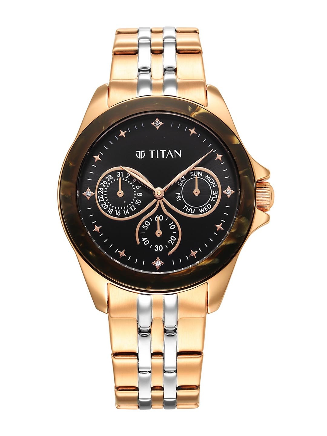 

Titan Women Black Embellished Dial & Gold Toned Steel Straps Analogue Watch 95186KM02, Rose gold