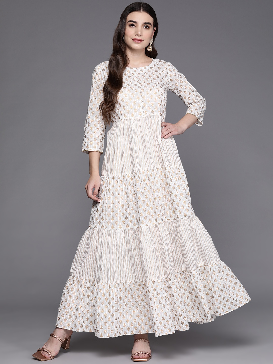 

Indo Era Off White & Gold-Toned Ethnic Motifs Layered Ethnic A-Line Maxi Dress