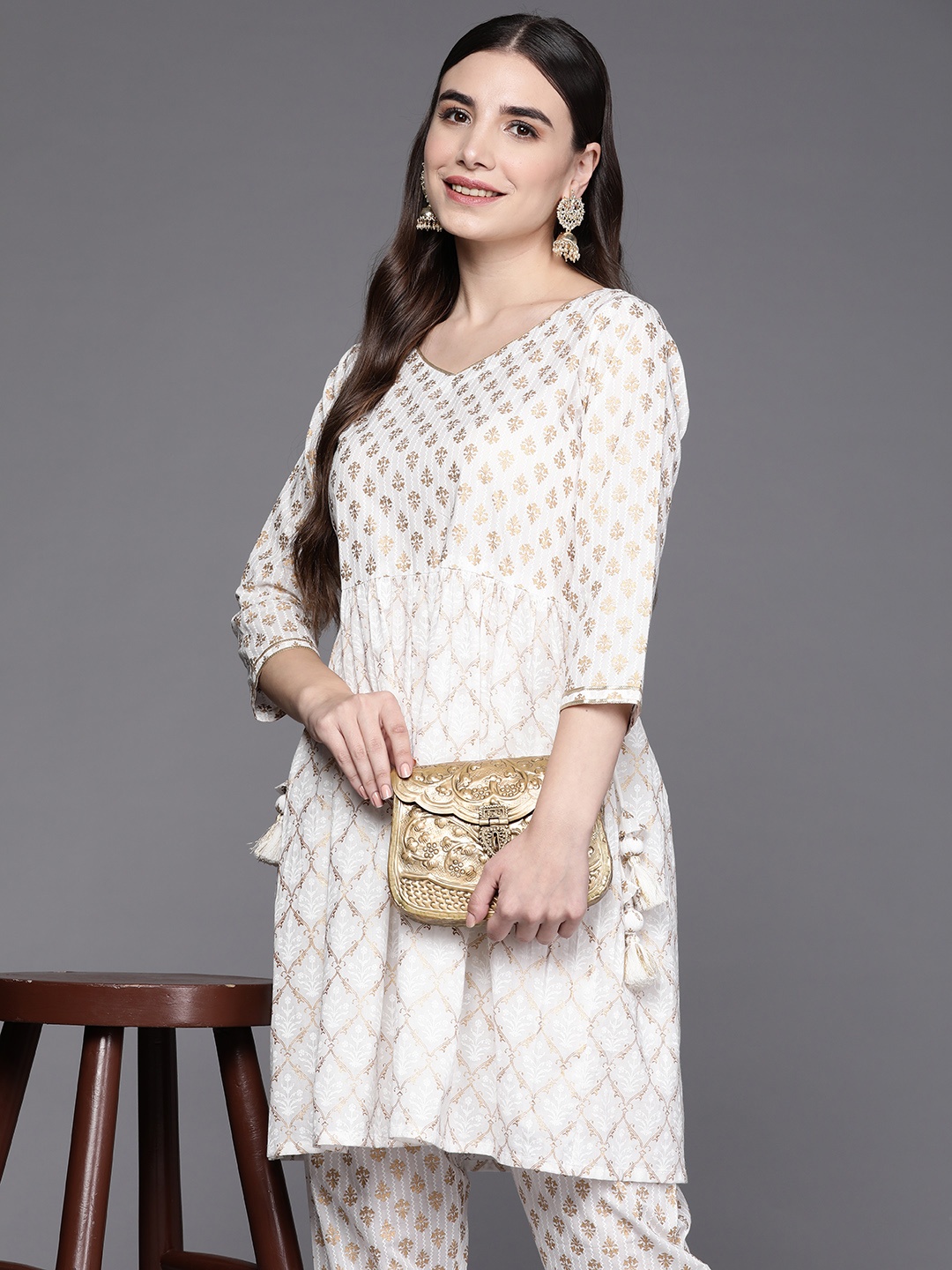 

Indo Era Women Off White Ethnic Motifs Printed A-Line Kurta with Trousers