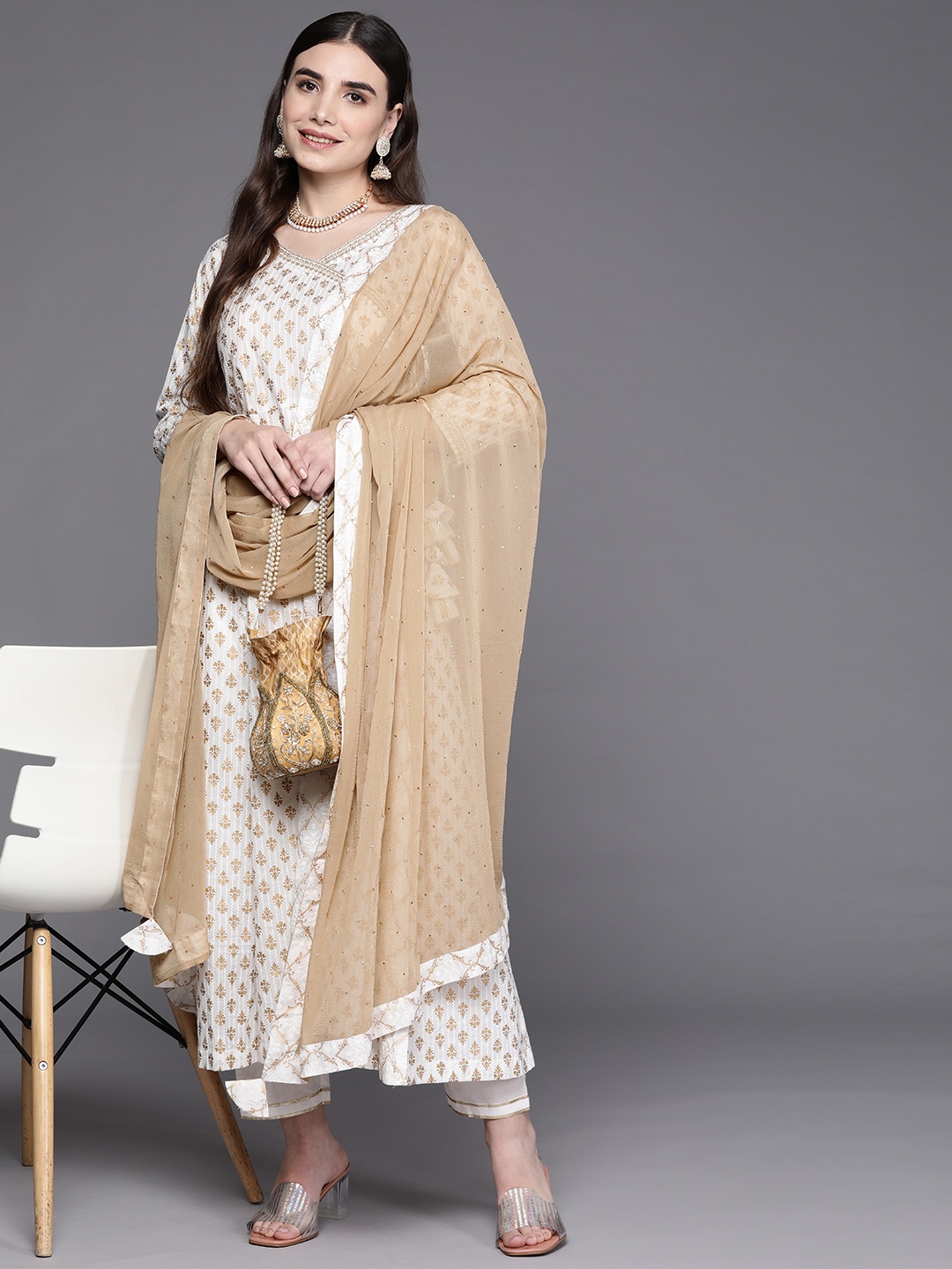 

Indo Era Women Off White Ethnic Motifs Printed Angrakha Thread Work Kurta with Trousers & With Dupatta