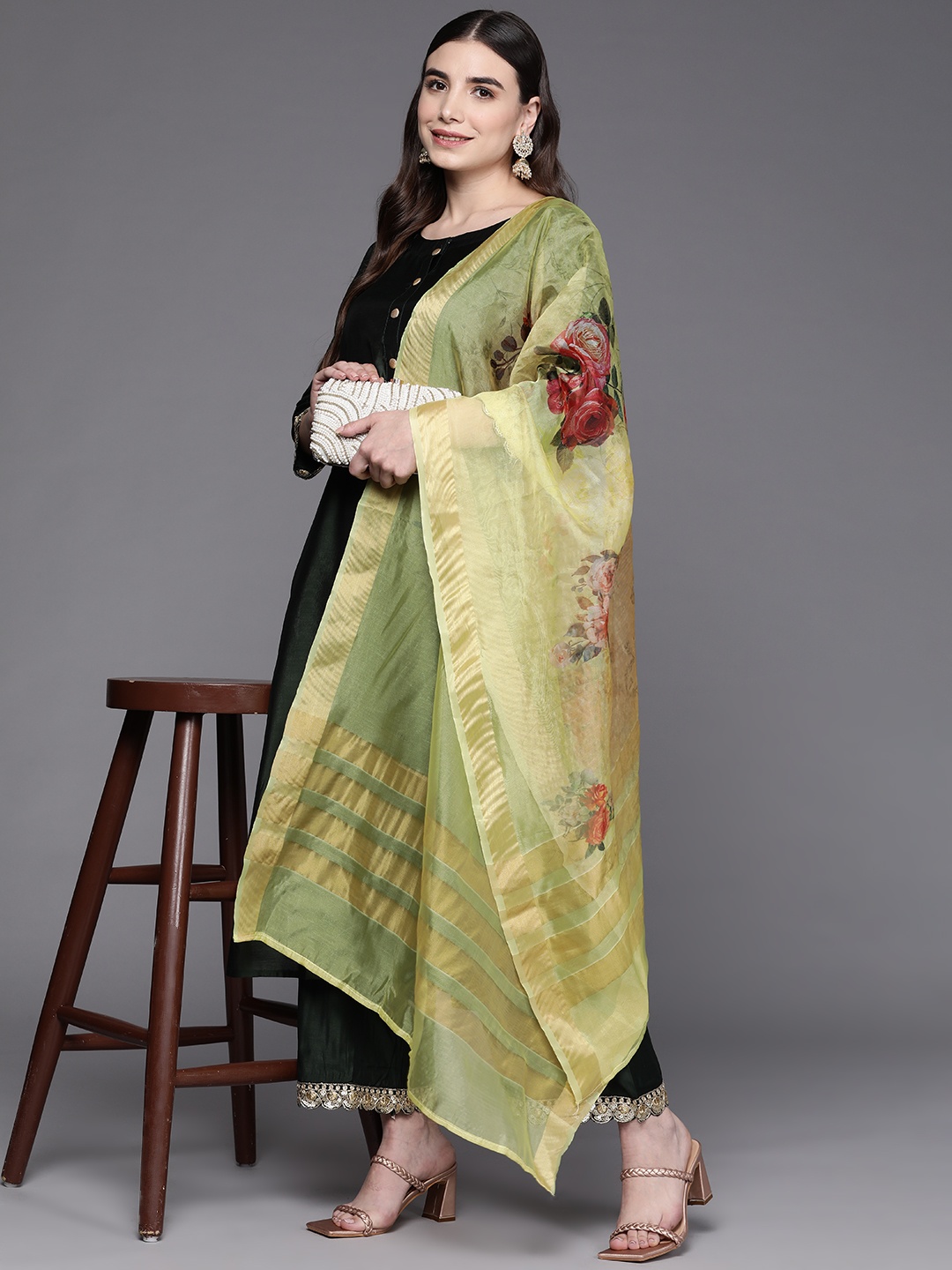 

Indo Era Women Green Sequinned Pure Cotton Kurta with Palazzos & With Dupatta