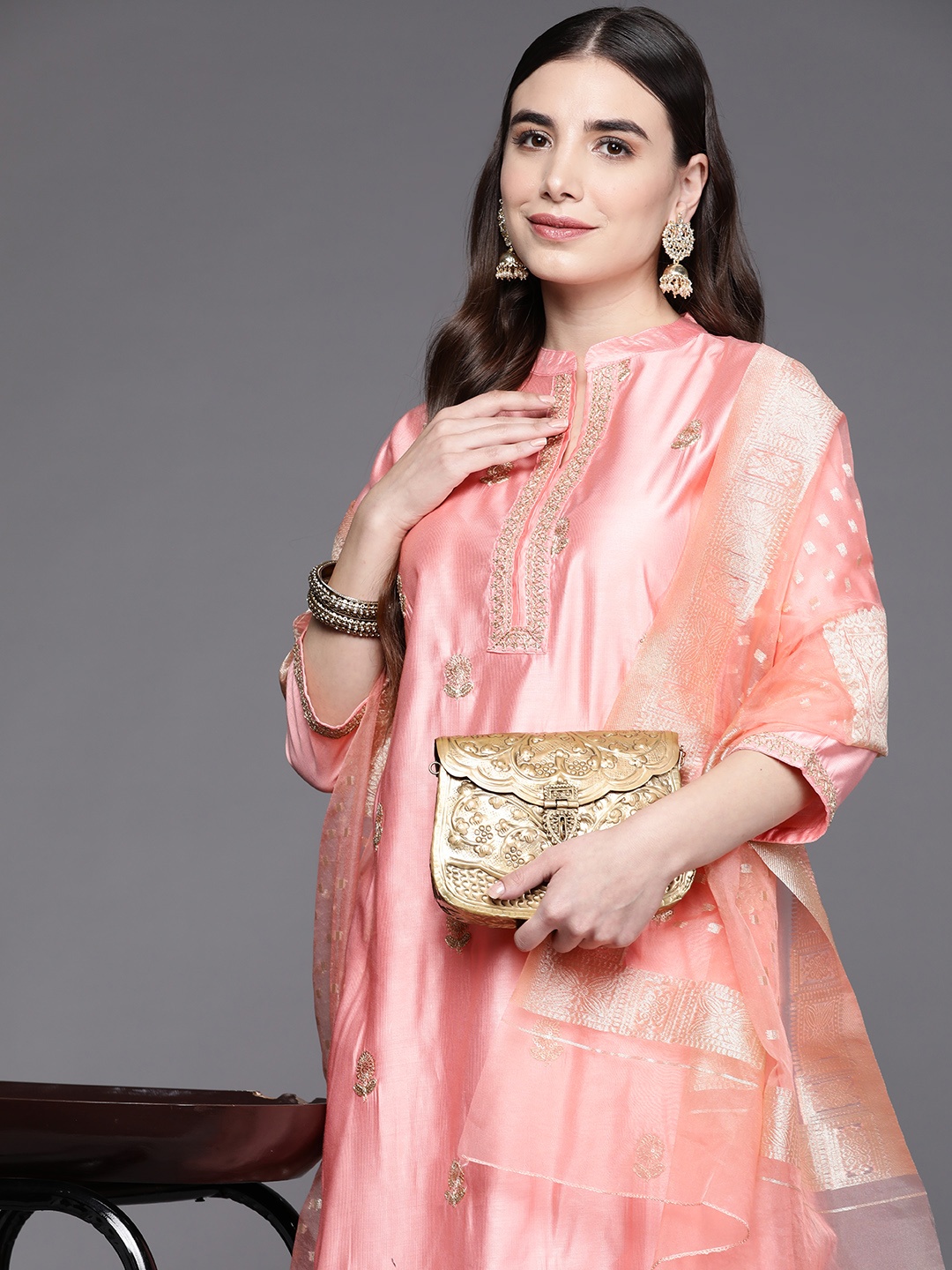 

Indo Era Women Pink Ethnic Motifs Embroidered Kurta with Trousers & With Dupatta