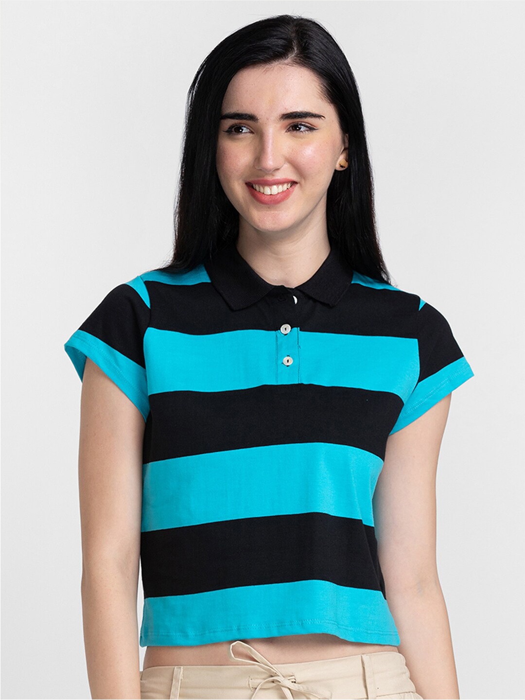 

Globus Women Blue Striped Polo Collar T-shirt