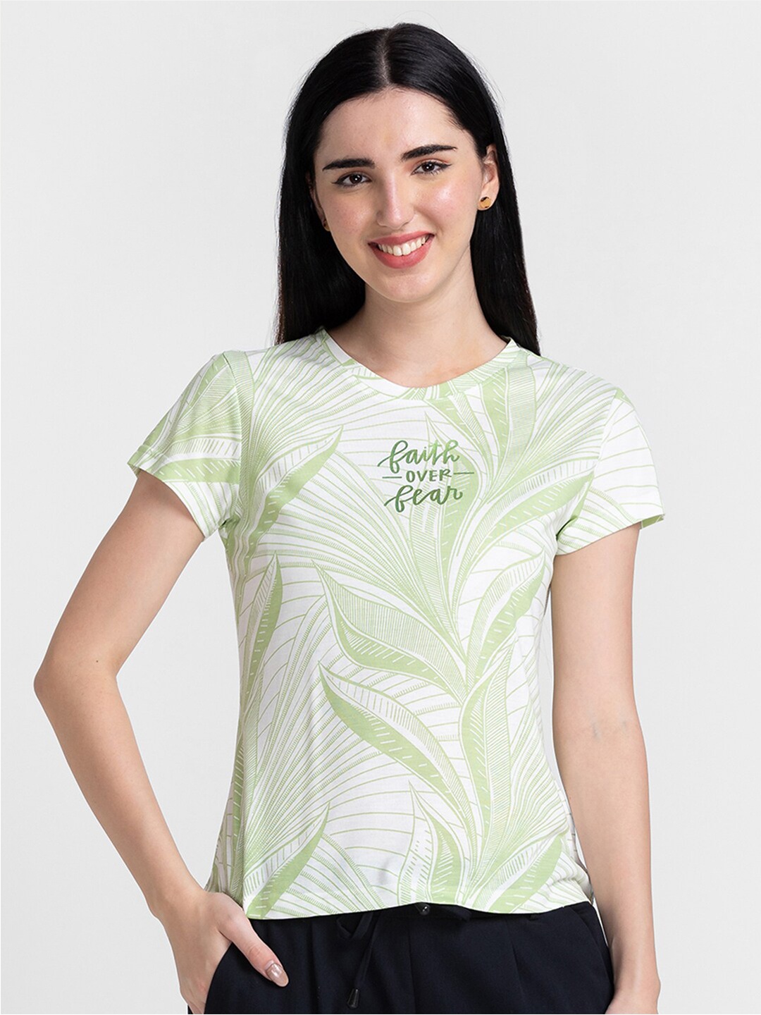 

Globus Women Green & White Floral Printed Pure Cotton T-shirt