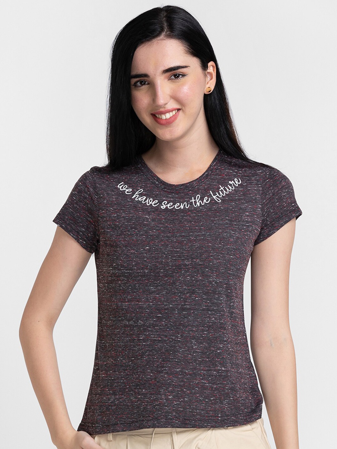 

Globus Women Charcoal & Black Typography T-shirt