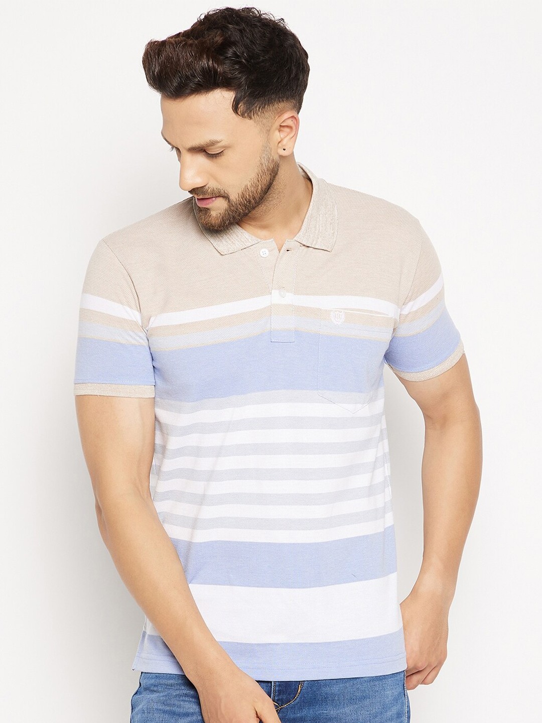 

Duke Men Blue & White Striped Polo Collar T-shirt