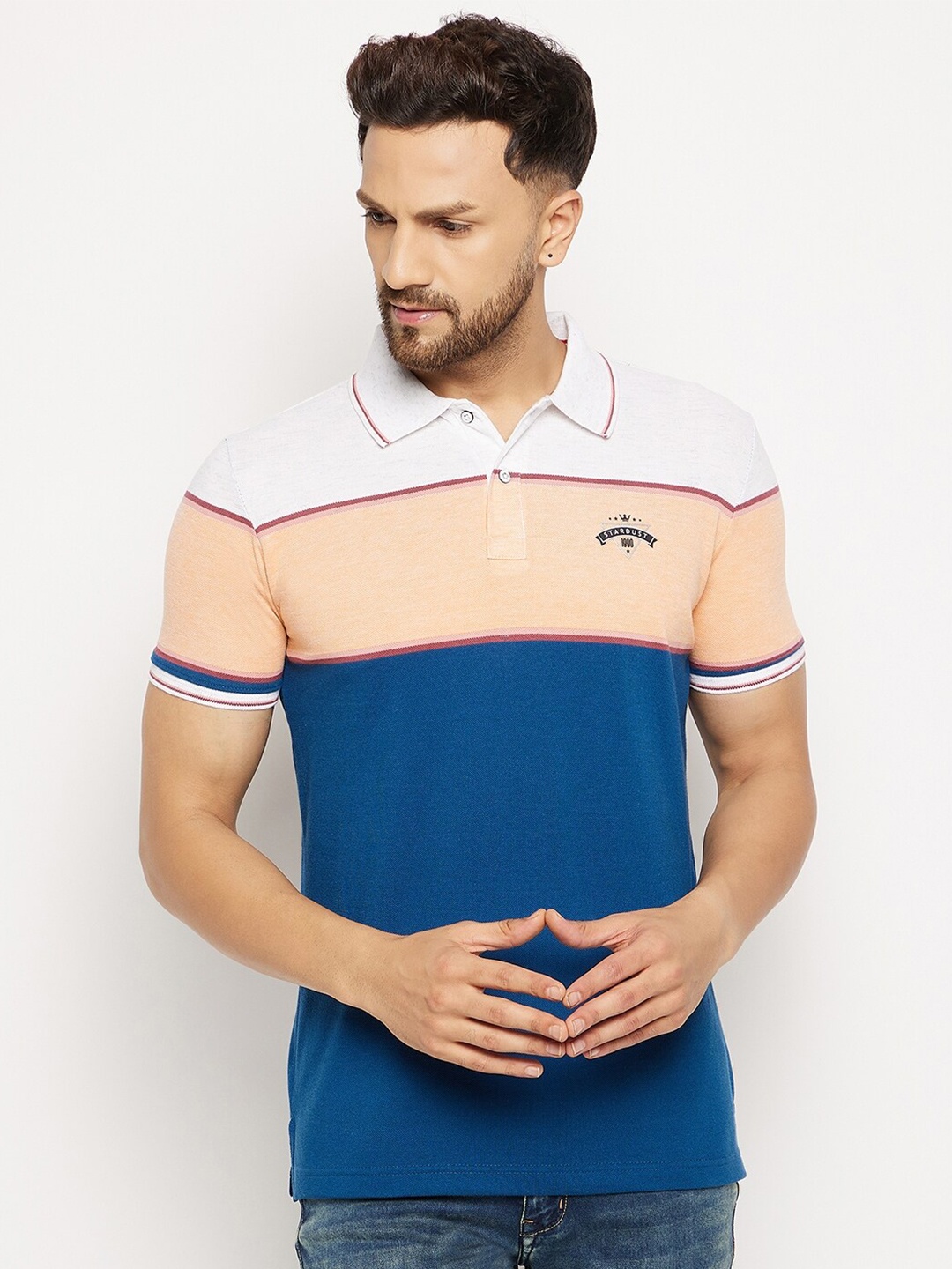 

Duke Men Blue & White Colourblocked Polo Collar Slim Fit T-shirt