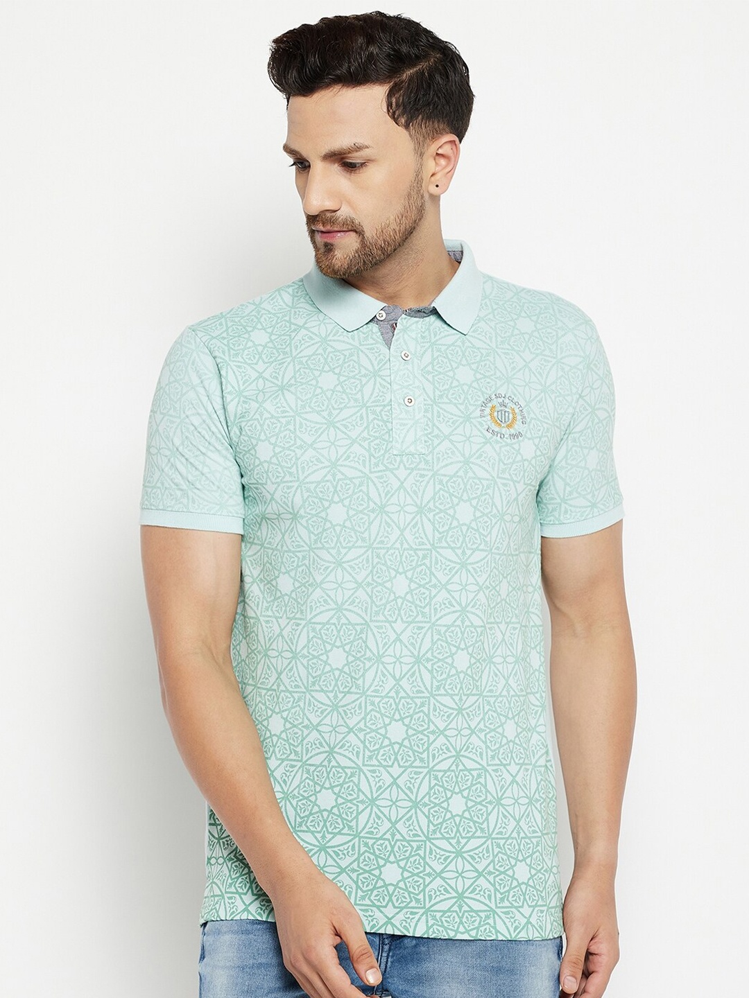 

Duke Men Blue Floral Polo Collar Slim Fit T-shirt