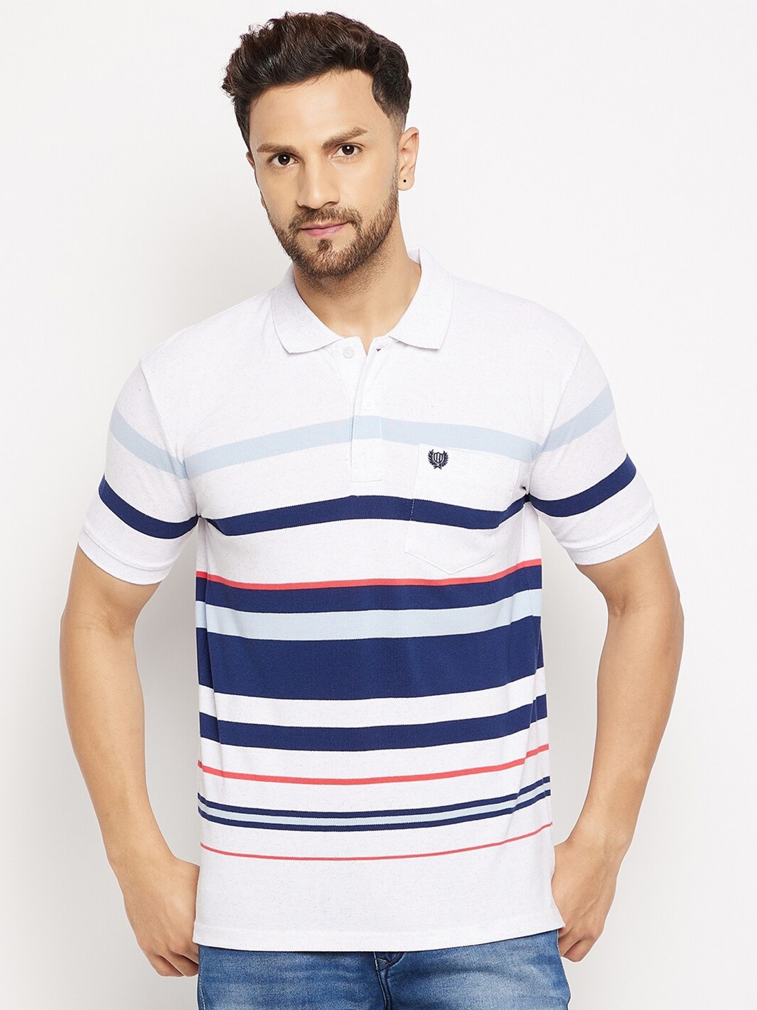 

Duke Men White & Blue Striped Polo Collar T-shirt