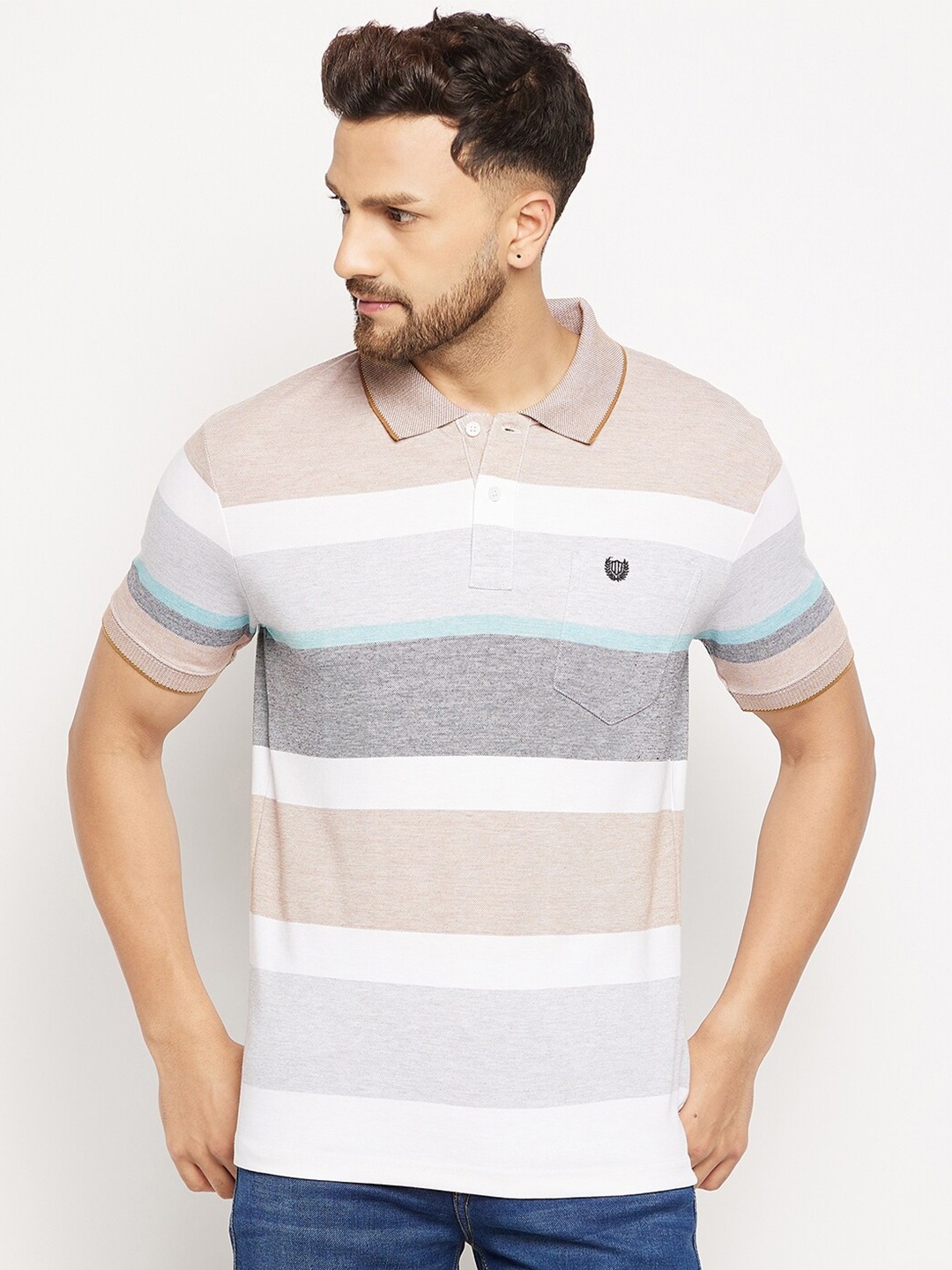 

Duke Men Off White & Grey Striped Polo Collar T-shirt