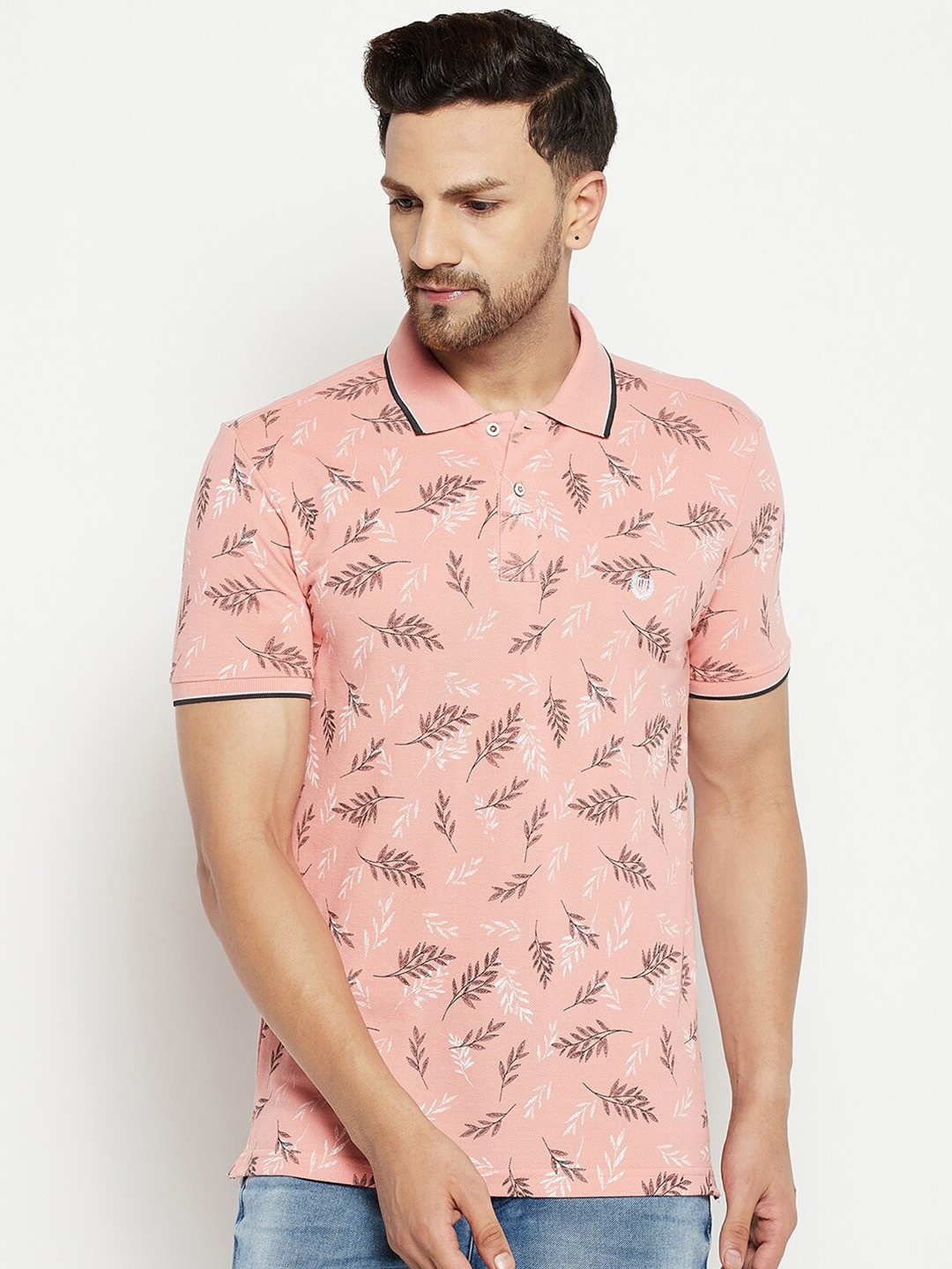 

Duke Men Peach-Coloured Floral Printed Polo Collar Slim Fit T-shirt