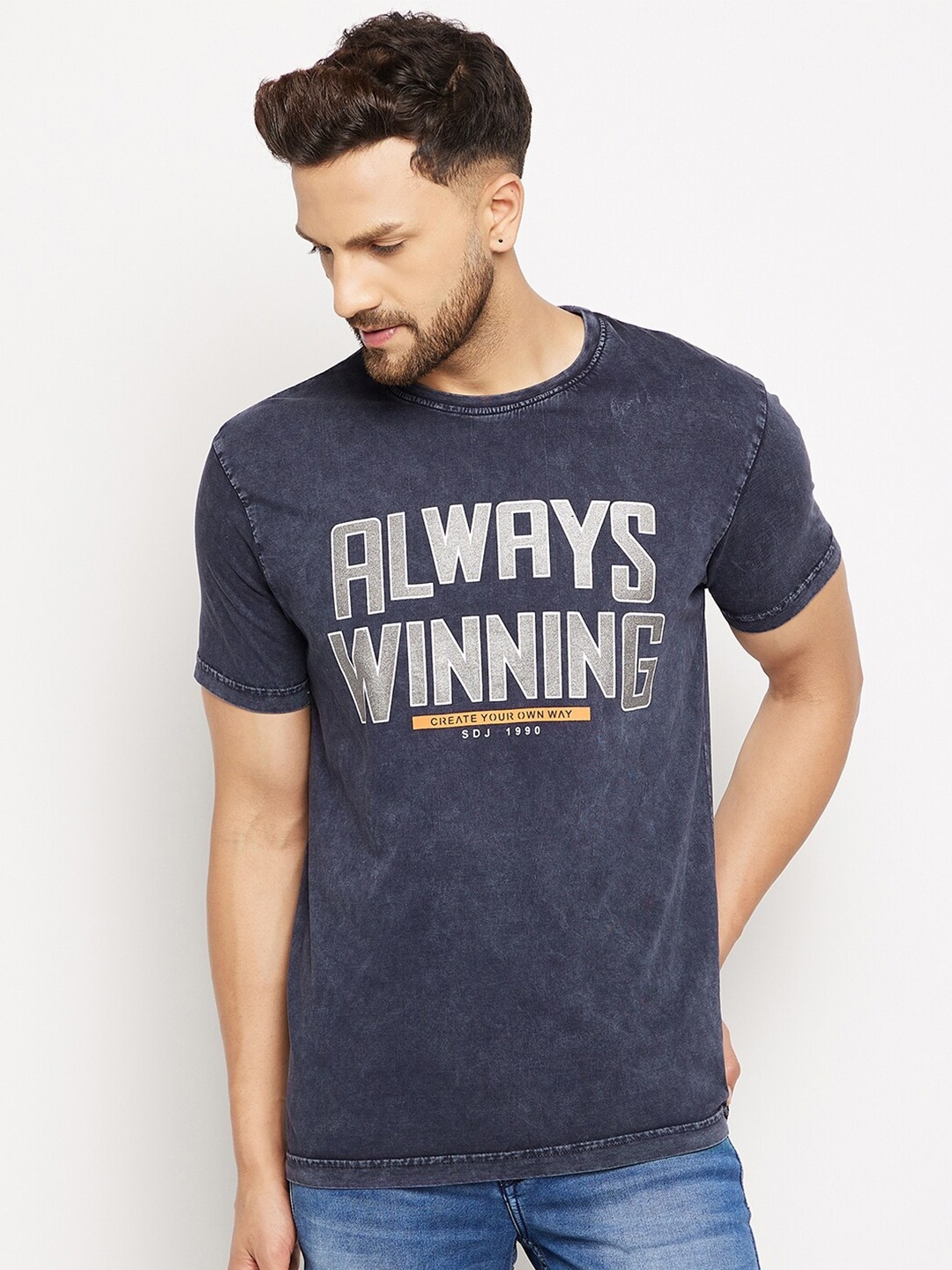 

Duke Men Navy Blue Typography Printed Slim Fit T-shirt