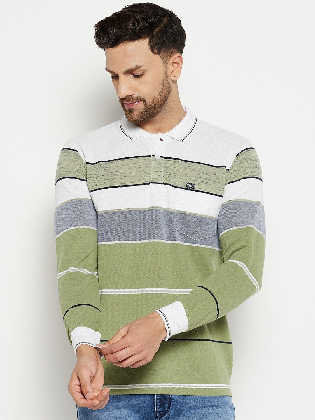 

Duke Men Green & White Striped Polo Collar T-shirt