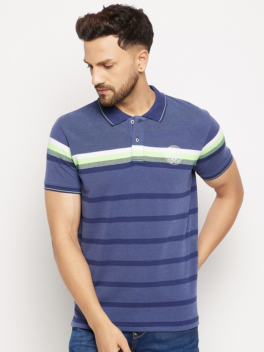 

Duke Men Navy Blue & White Striped Polo Collar Slim Fit T-shirt