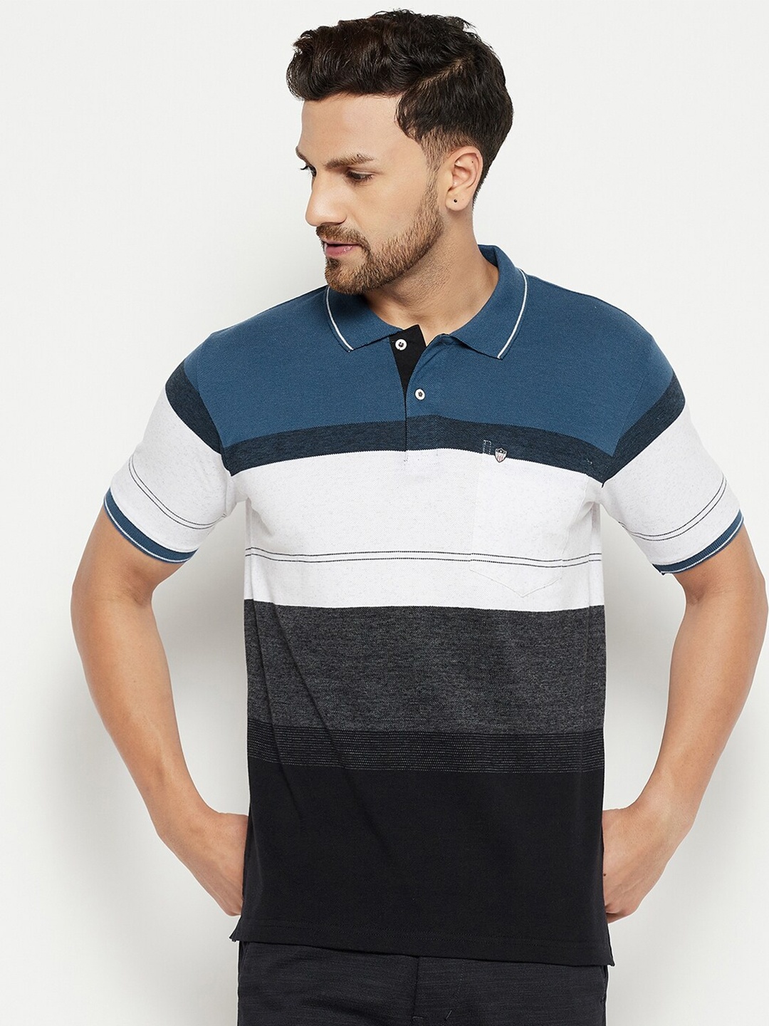 

Duke Men Navy Blue & Black Colourblocked Polo Collar T-shirt
