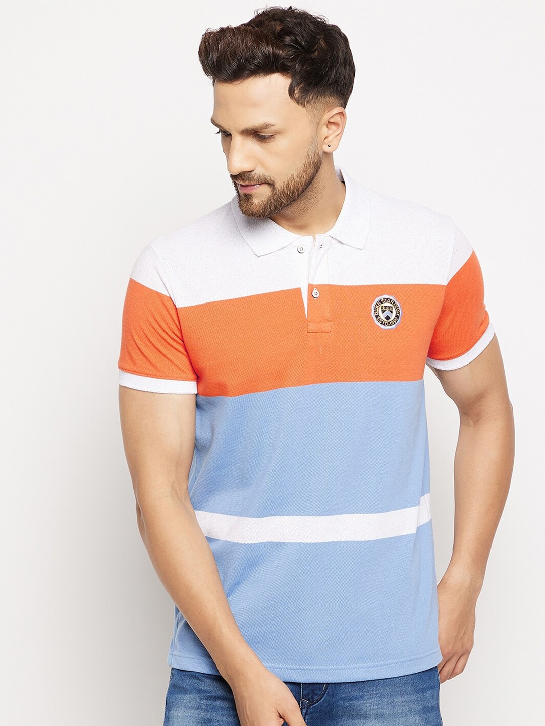

Duke Men Orange & White Colourblocked Polo Collar Slim Fit T-shirt