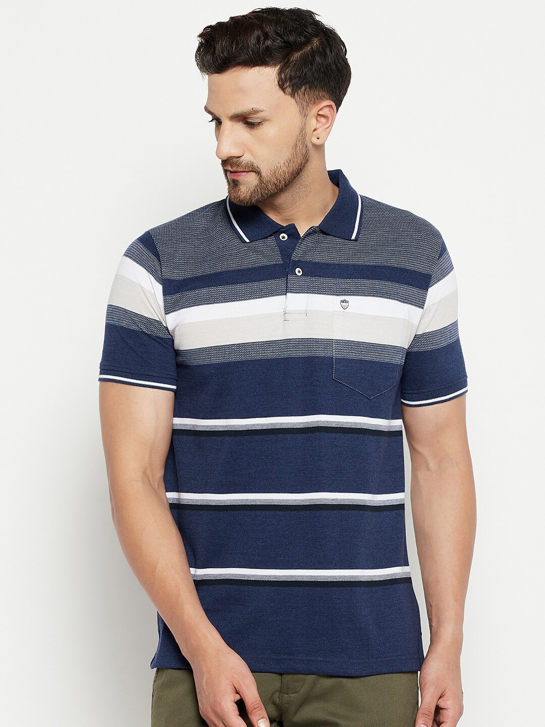 

Duke Men Navy Blue & White Striped Polo Collar T-shirt