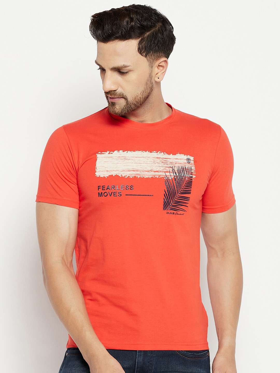 

Duke Men Orange Printed Slim Fit T-shirt