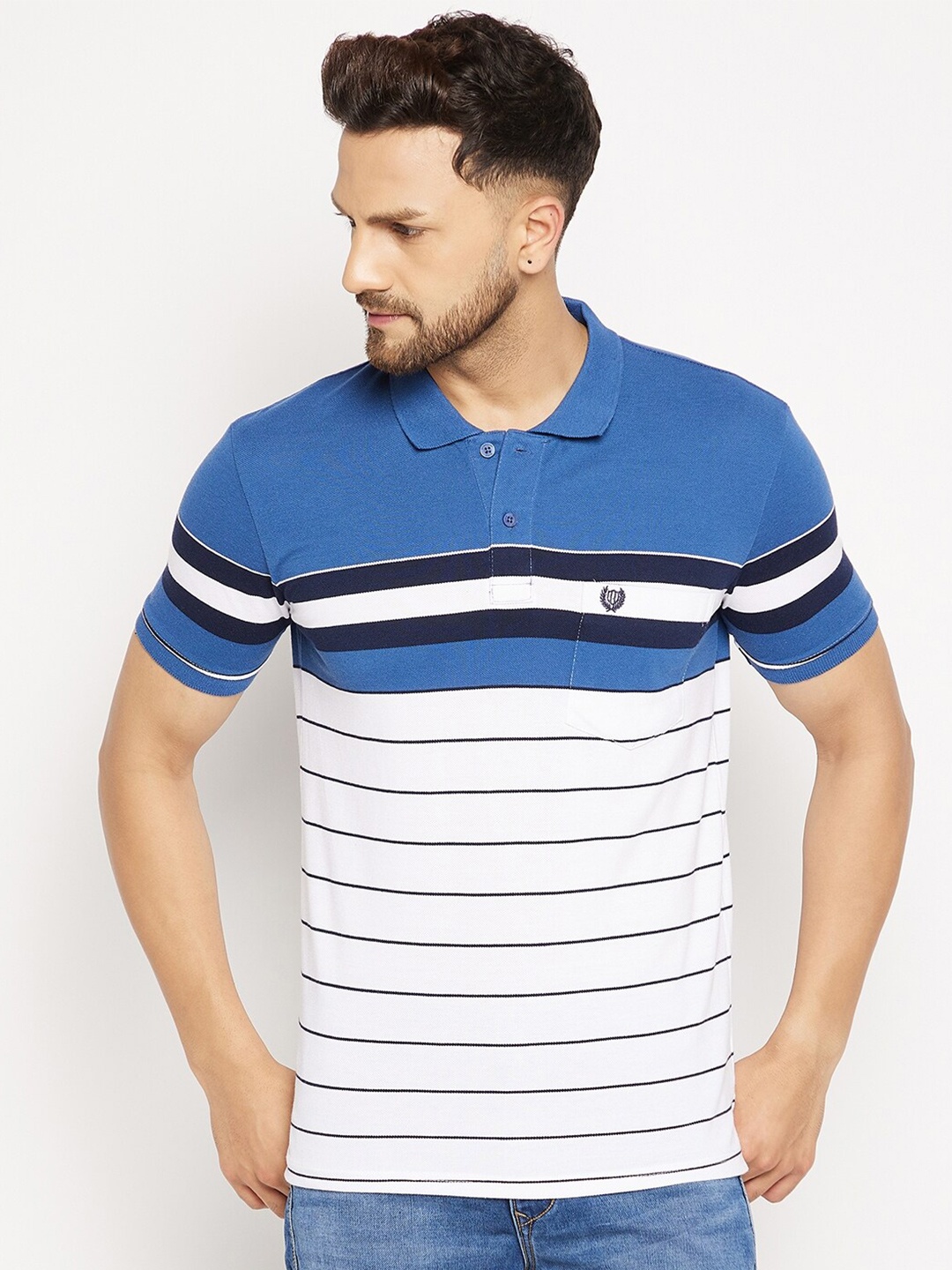 

Duke Men Blue & White Striped Polo Collar T-shirt