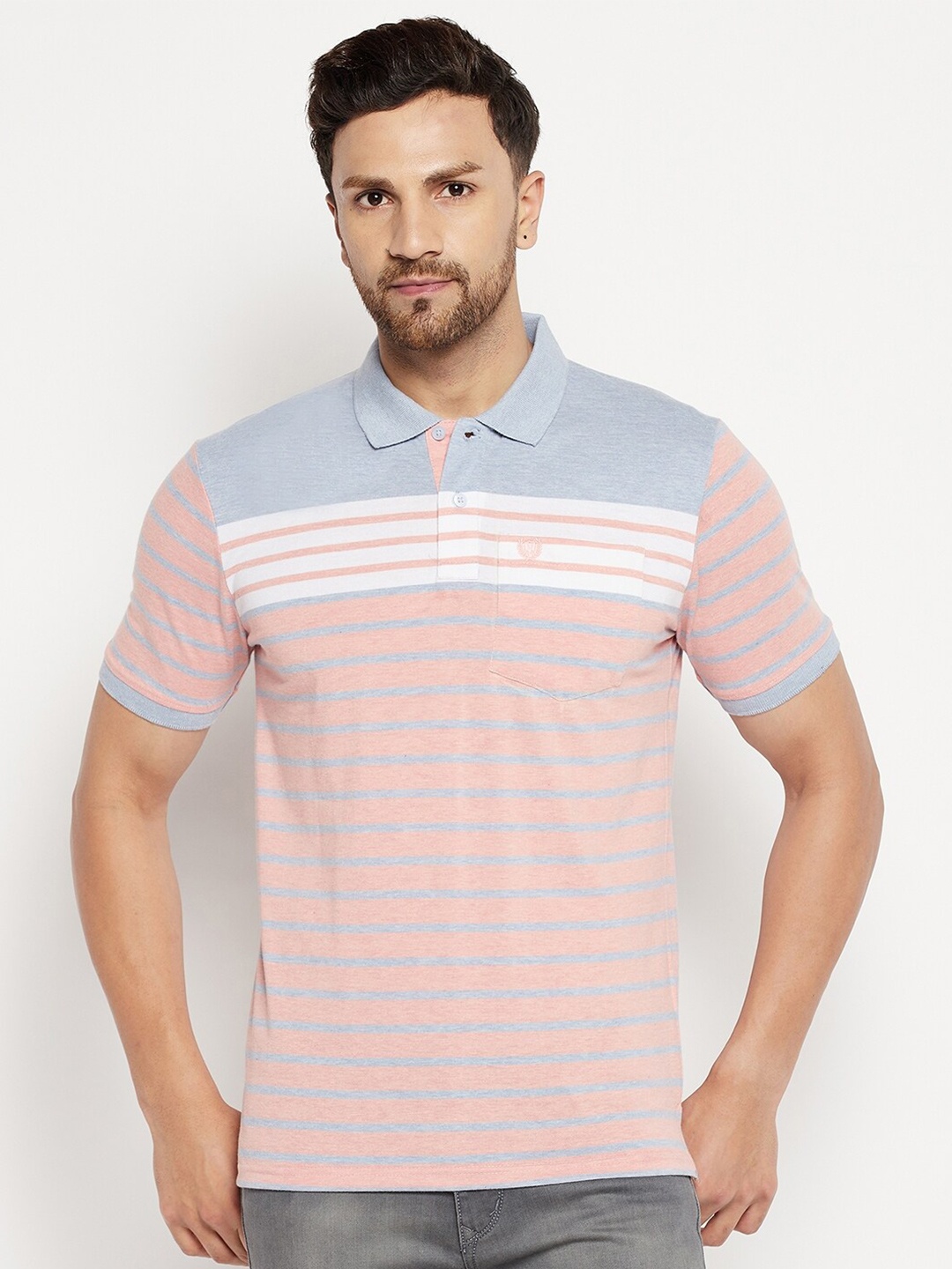 

Duke Men Peach-Coloured & Grey Striped Polo Collar T-shirt