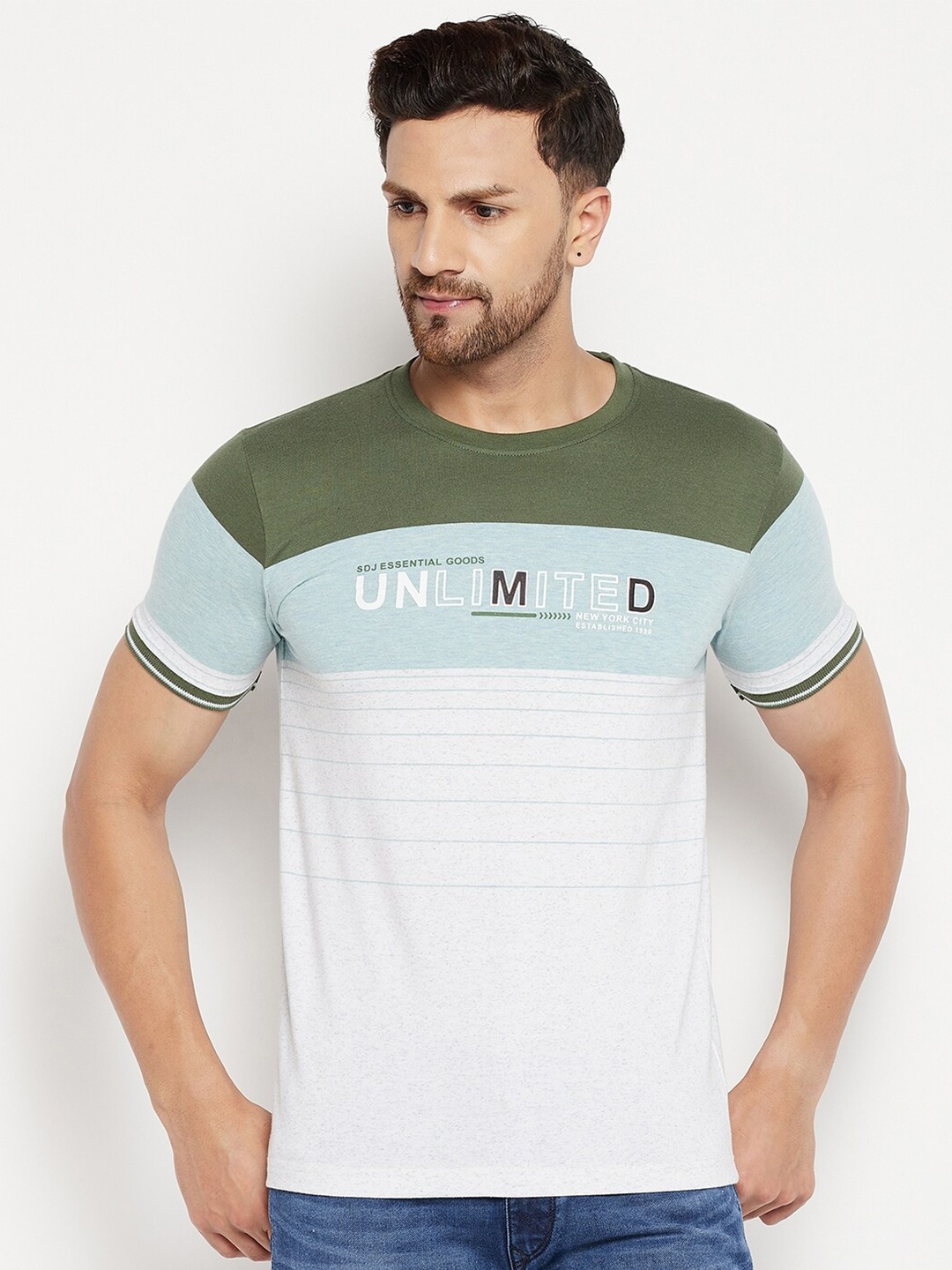 

Duke Men Green & White Striped Slim Fit T-shirt