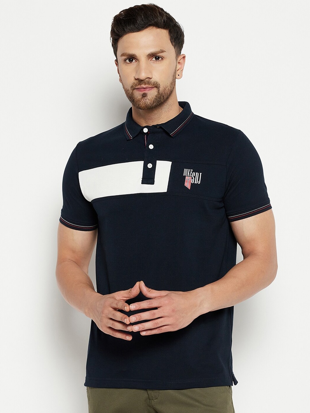 

Duke Men Navy Blue Typography Polo Collar Slim Fit Cotton T-shirt