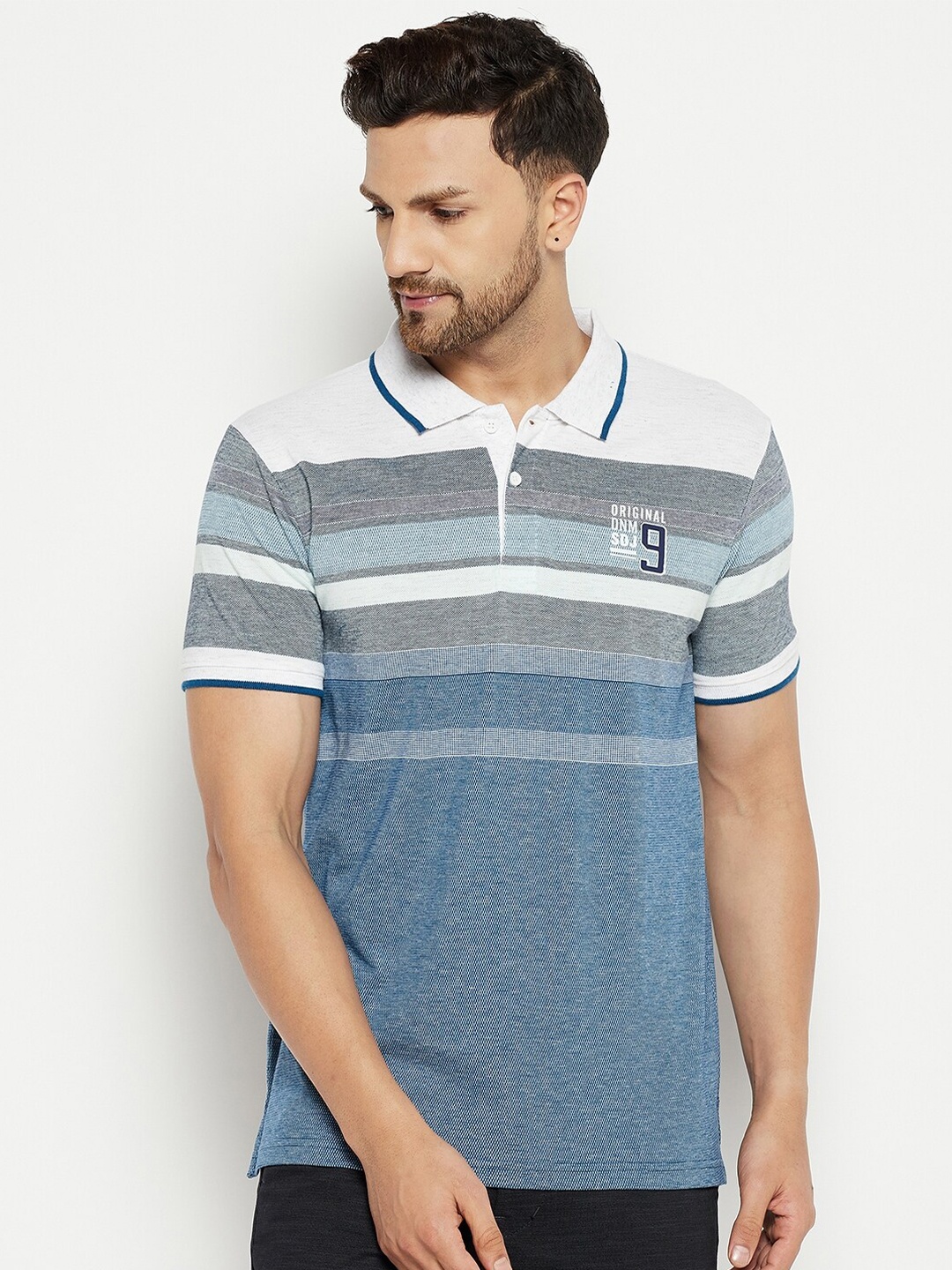 

Duke Men Blue & Grey Striped Polo Collar Slim Fit T-shirt