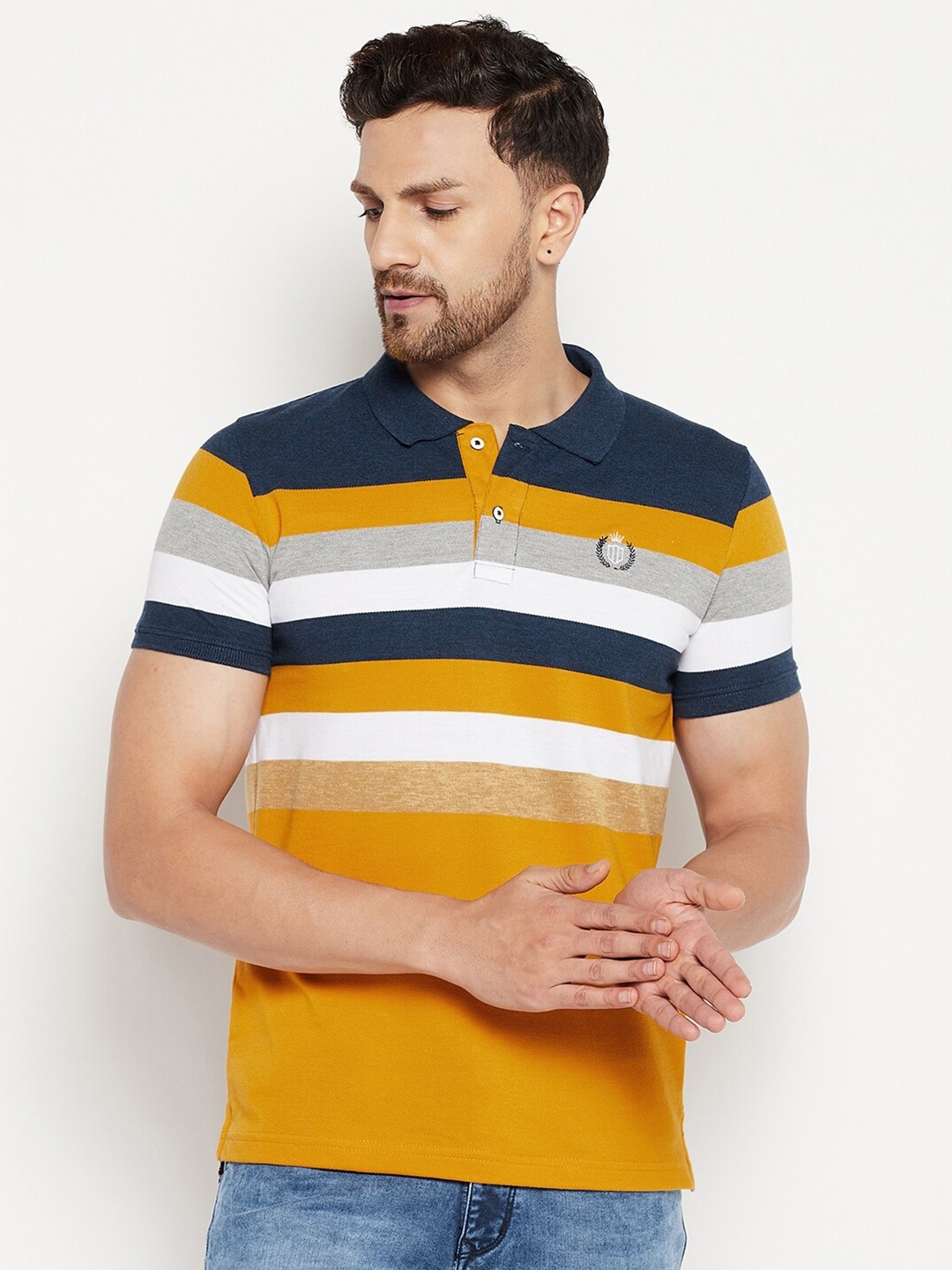 

Duke Men Mustard Yellow & Navy Blue Striped Polo Collar Cotton T-shirt