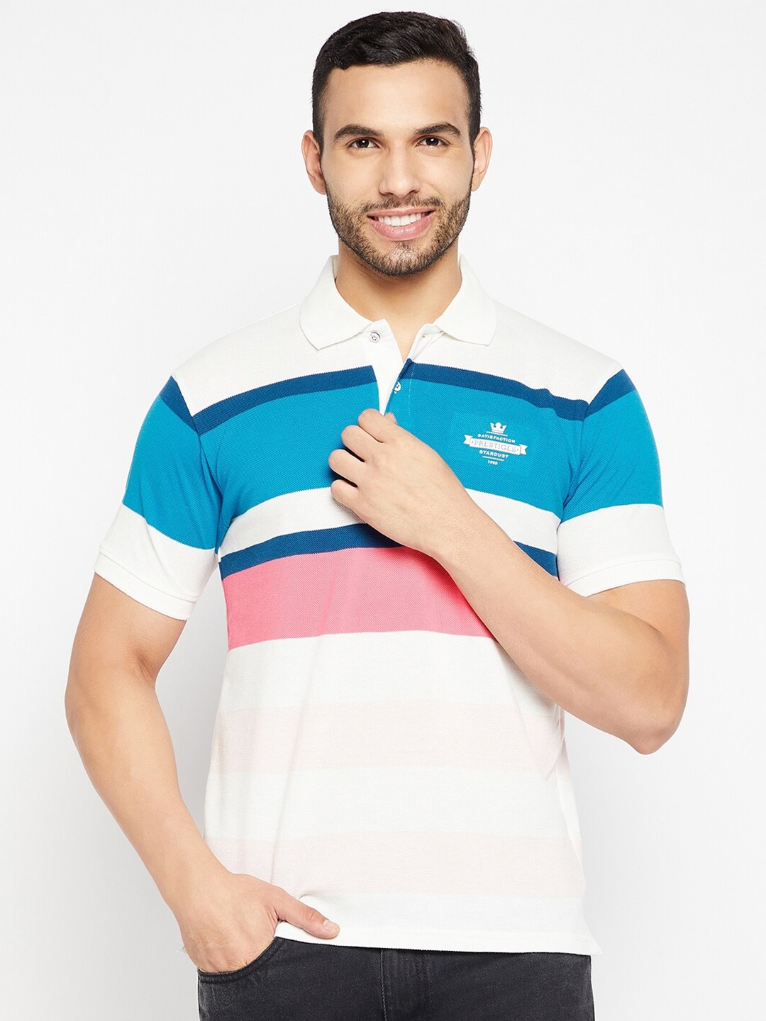 

Duke Men White & Blue Striped Polo Collar Slim Fit Cotton T-shirt, Off white