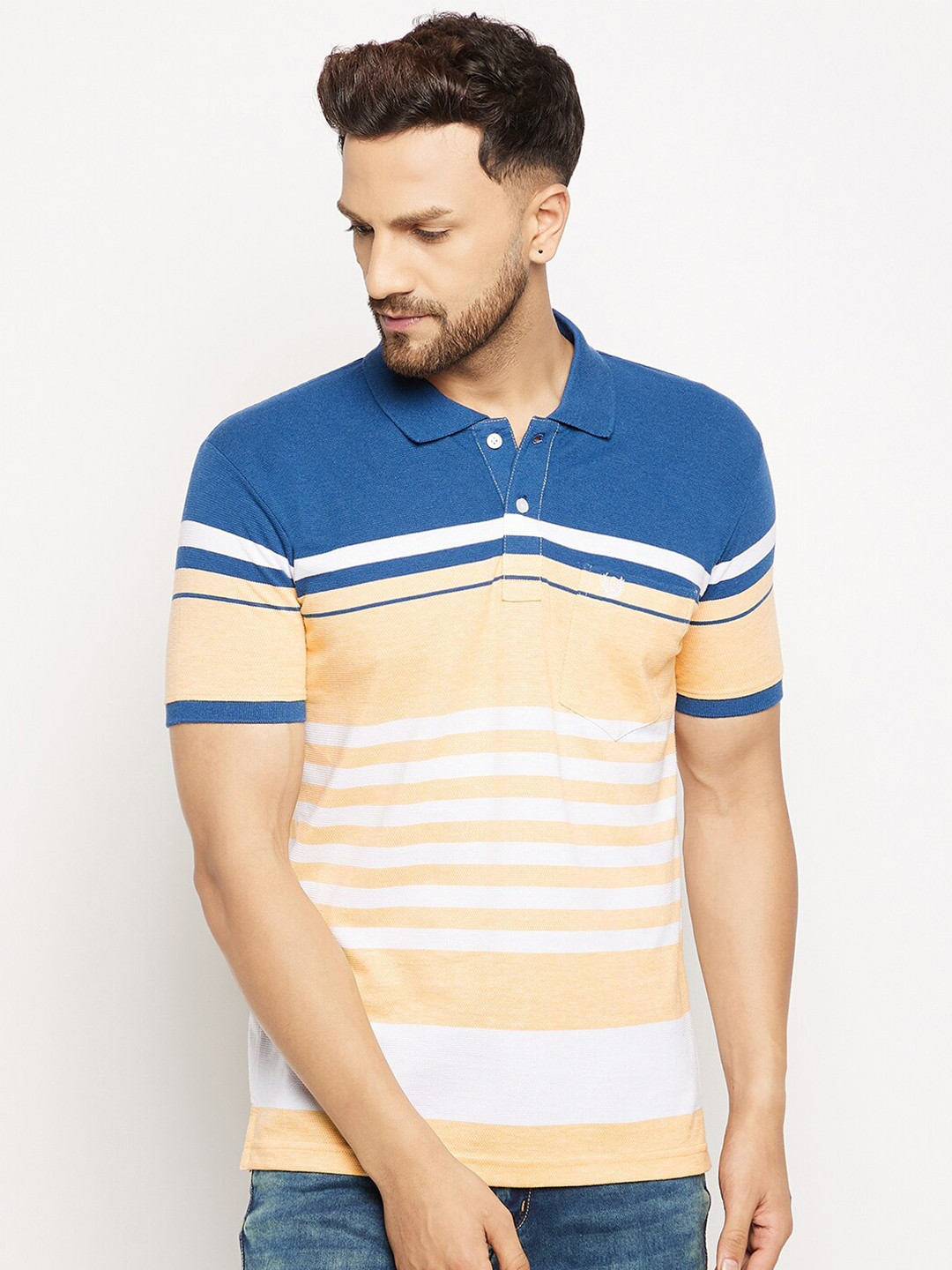 

Duke Men Yellow & Blue Striped Polo Collar Cotton T-shirt