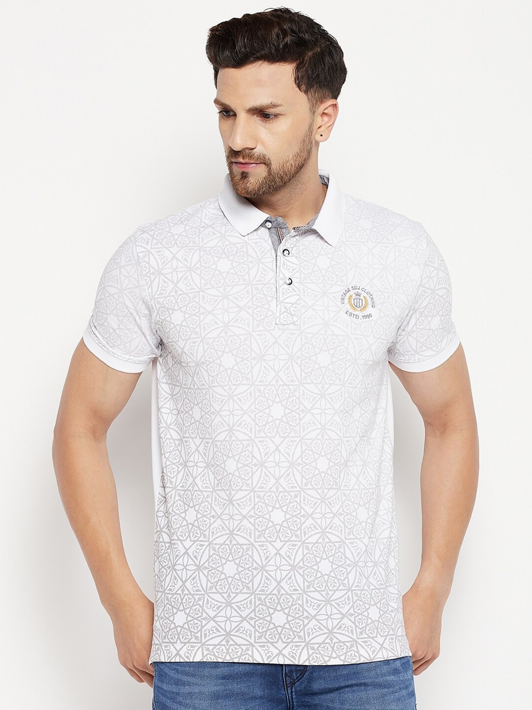 

Duke Men White & Grey Printed Polo Collar Slim Fit Cotton T-shirt