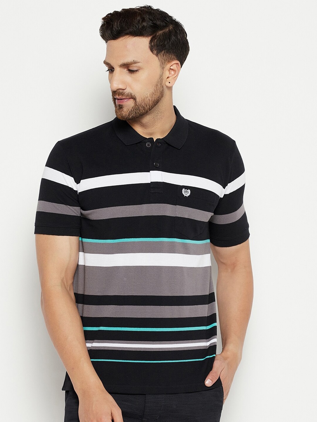

Duke Men Black & Grey Striped Polo Collar Cotton T-shirt