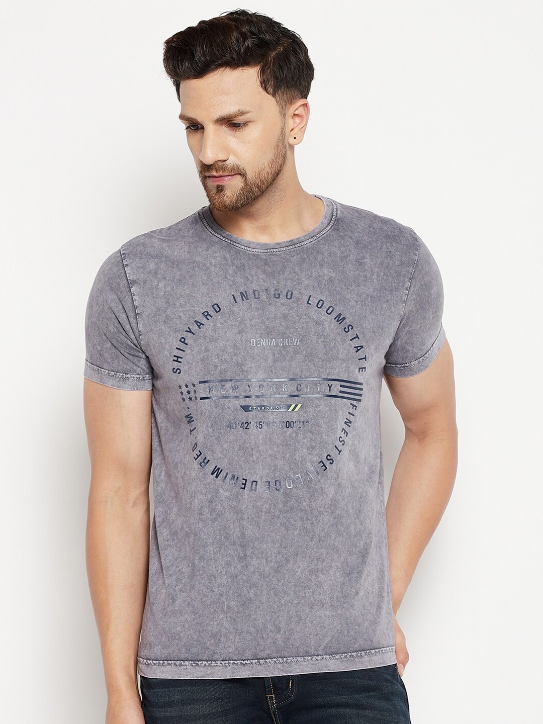 

Duke Men Grey Cotton Printed Slim Fit T-shirt