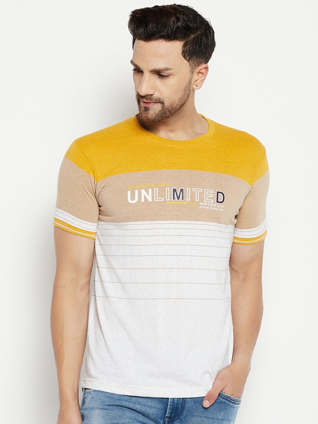 

Duke Men White & Yellow Colourblocked Cotton T-shirt