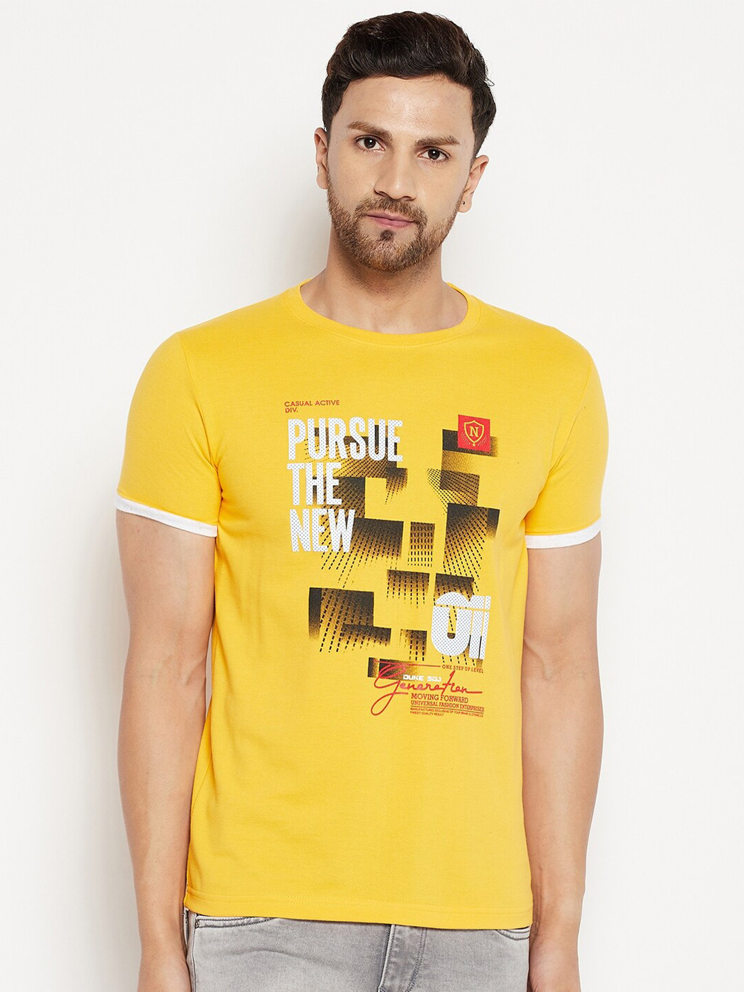 

Duke Men Yellow Printed Cotton T-shirt