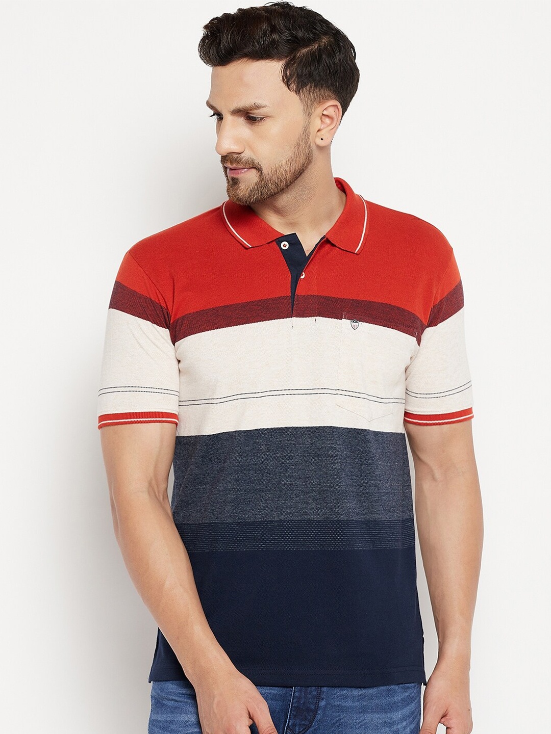 

Duke Men Navy Blue & Orange Colourblocked Polo Collar T-shirt