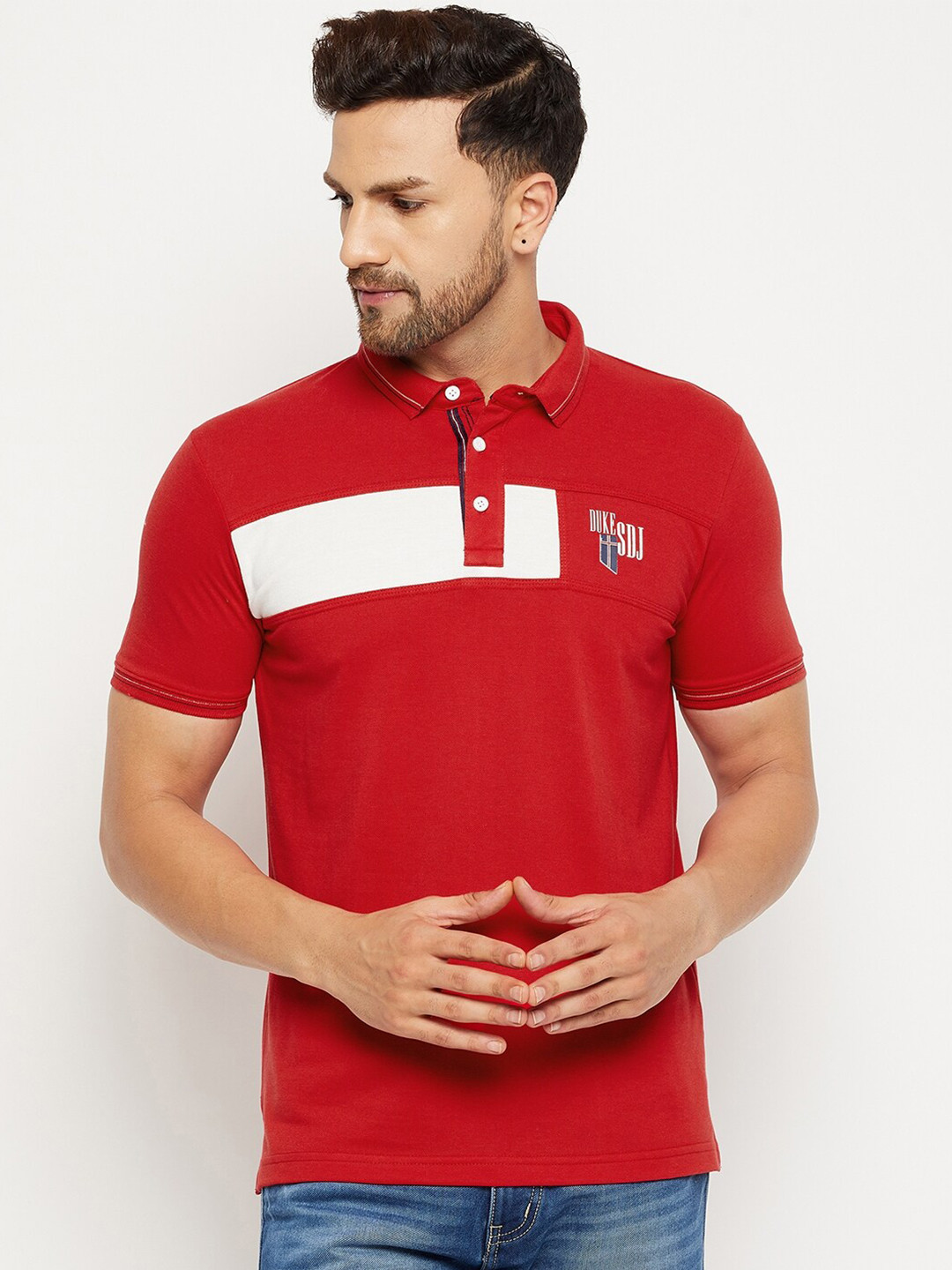 

Duke Men Red Polo Collar Cotton T-shirt