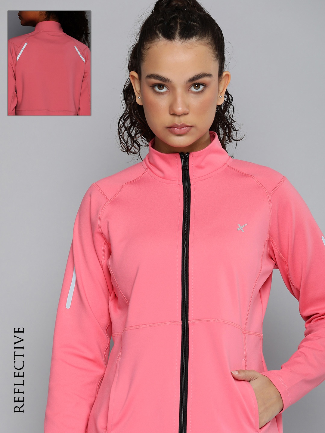 

HRX by Hrithik Roshan Women Pink Brand Logo Reflective Strip Training Open Front Jacket