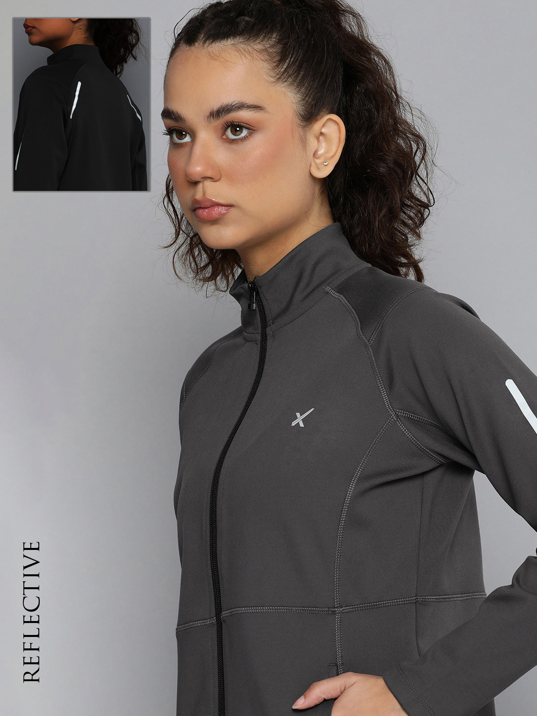 

HRX by Hrithik Roshan Women Charcoal Brand Logo Reflective Strip Training Sporty Jacket