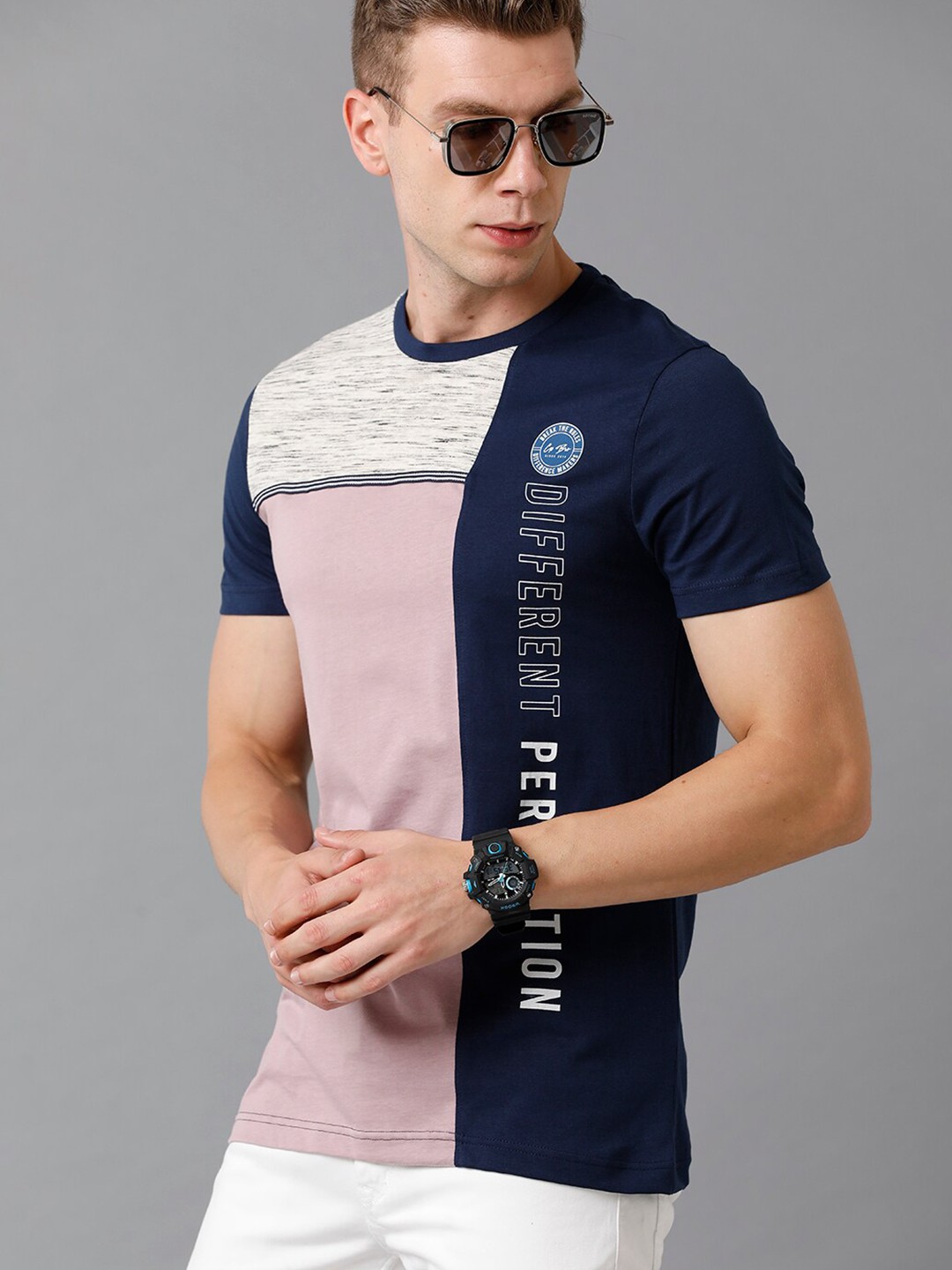 

CP BRO Men Navy Blue & Grey Typography Printed Slim Fit T-shirt