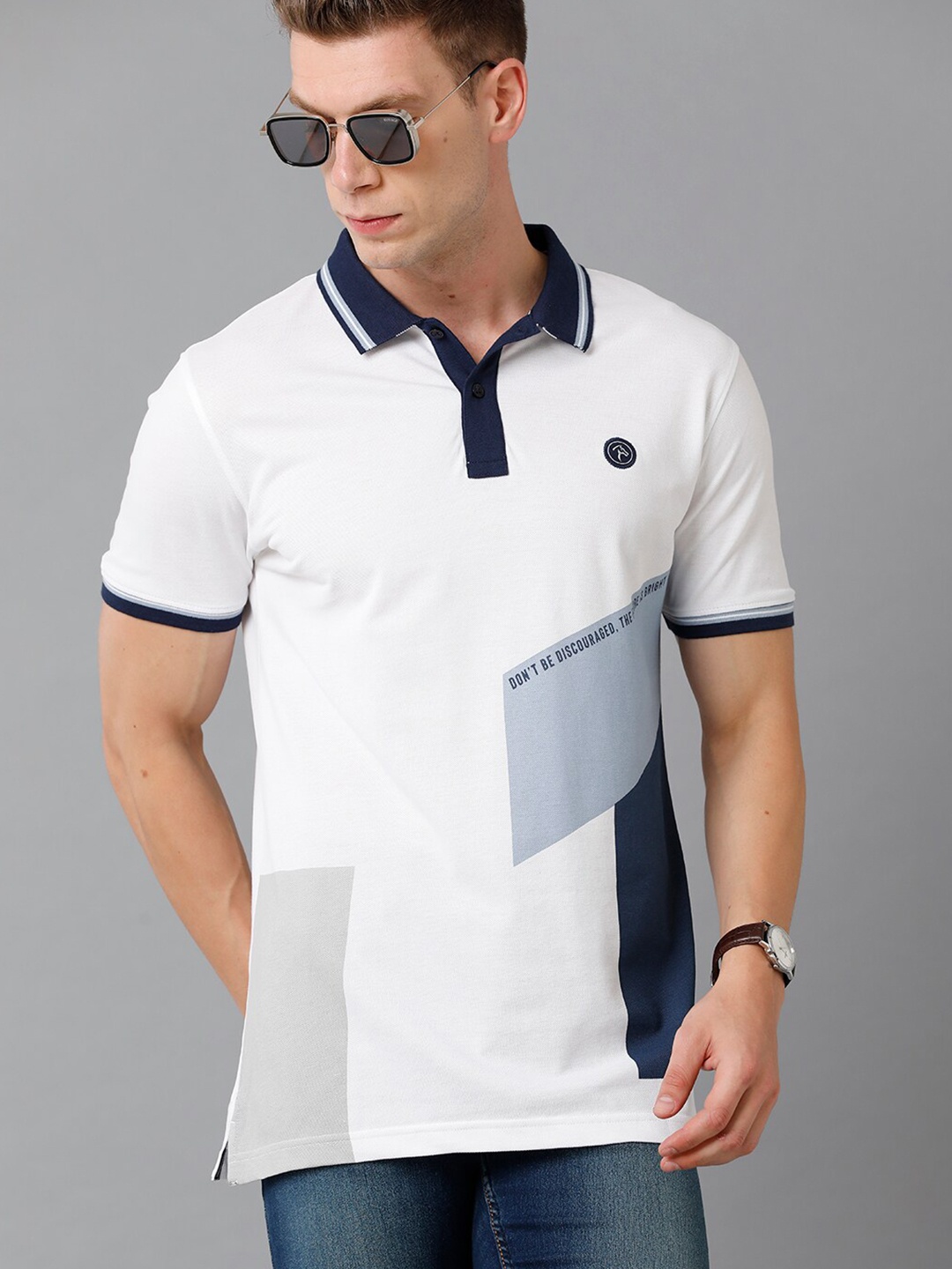 

CP BRO Men White & Blue Polo Collar Slim Fit T-shirt