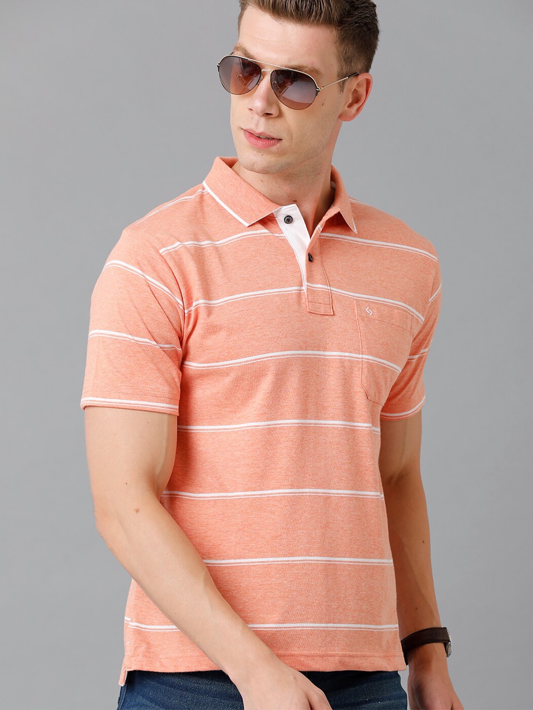 

Classic Polo Men Peach-Coloured & White Striped Polo Collar T-shirt