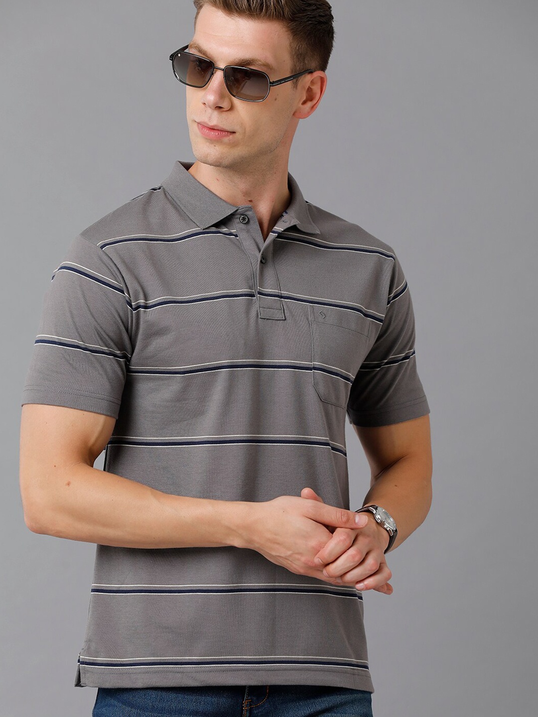 

Classic Polo Men Grey & Navy Blue Striped Polo Collar T-shirt